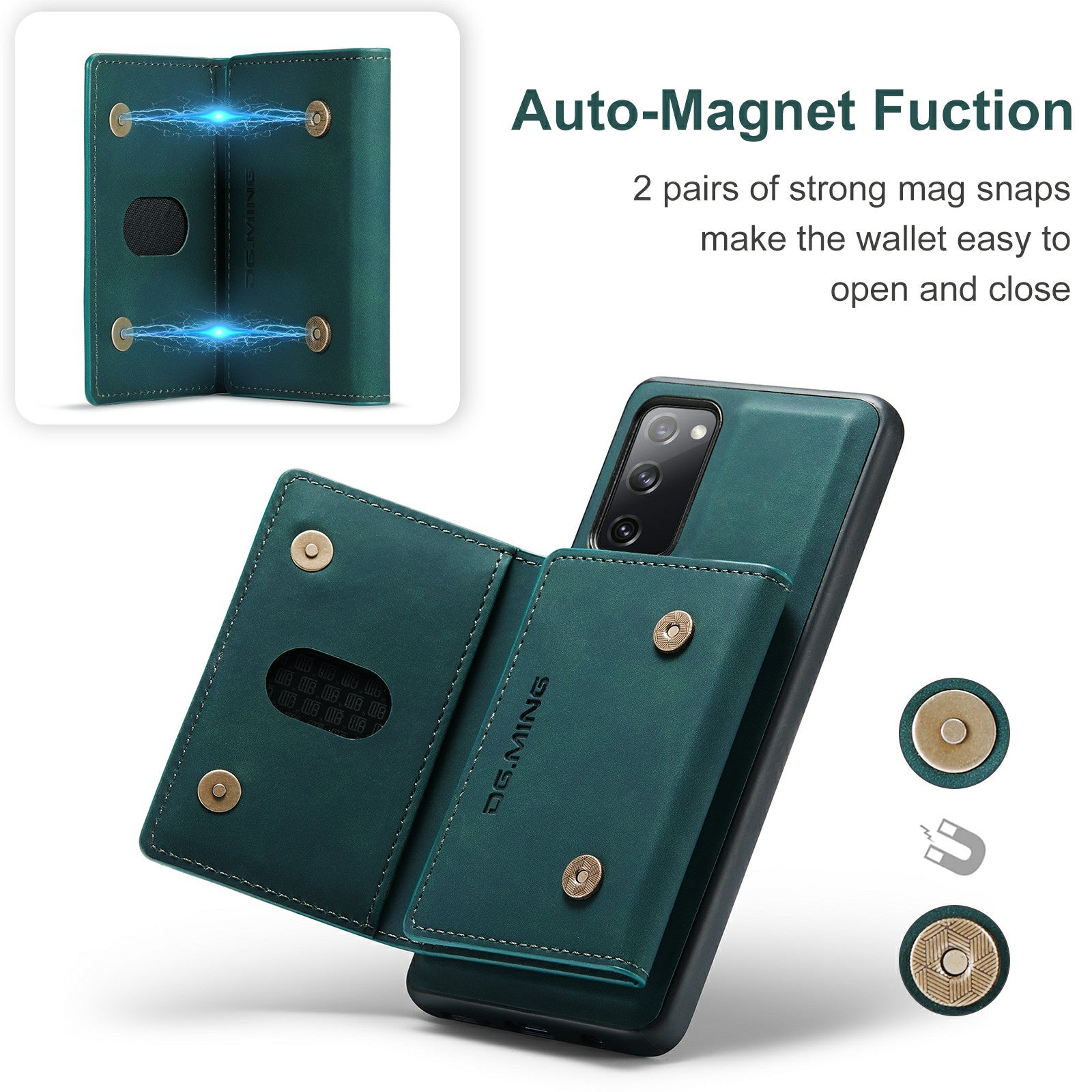 DG.MING M2 Series Magnetic Detachable Hybrid Case with Tri-Fold Wallet Kickstand Design for Samsung Galaxy S20 FE 2022/S20 FE 4G/S20 FE 5G/S20 Lite - Green