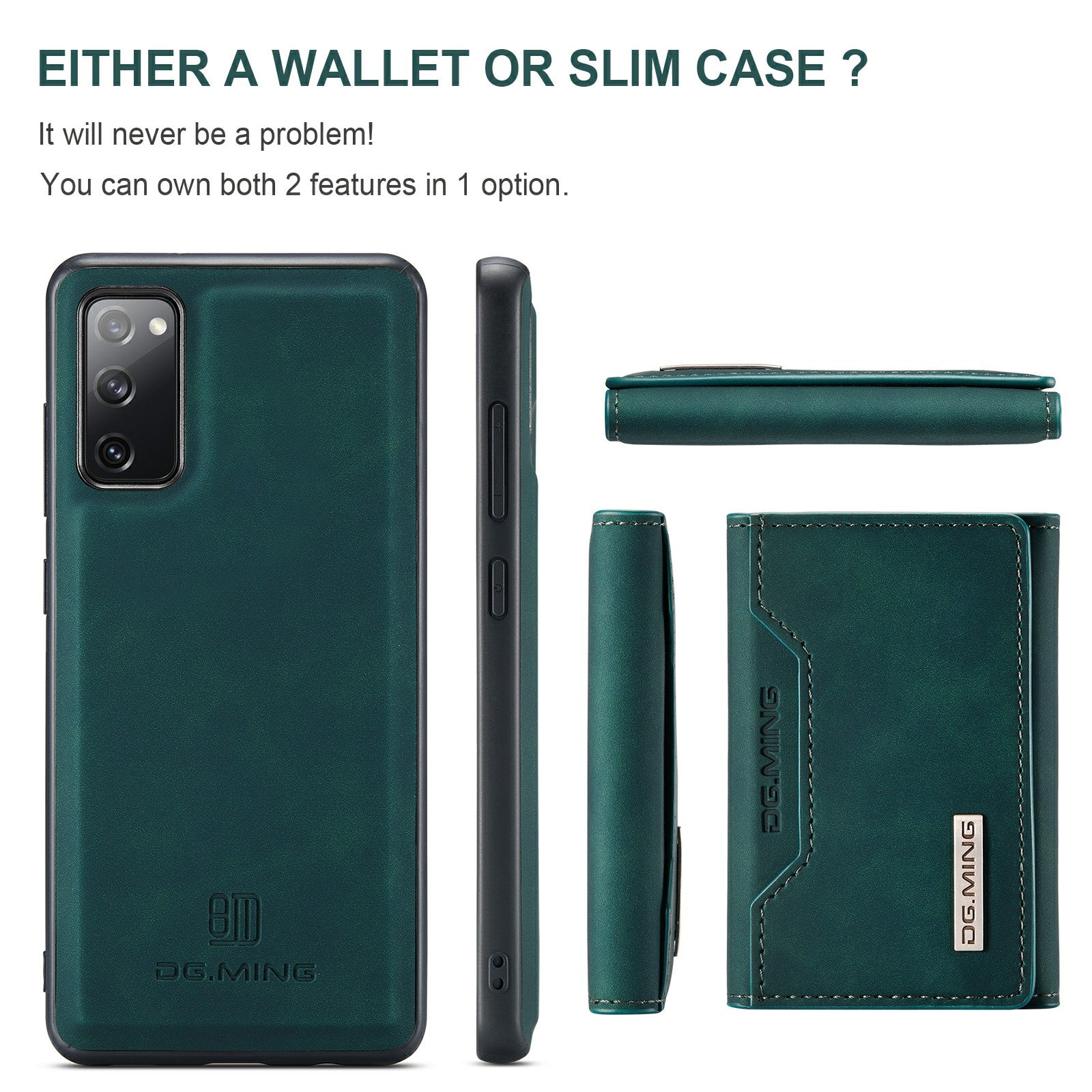 DG.MING M2 Series Magnetic Detachable Hybrid Case with Tri-Fold Wallet Kickstand Design for Samsung Galaxy S20 FE 2022/S20 FE 4G/S20 FE 5G/S20 Lite - Green