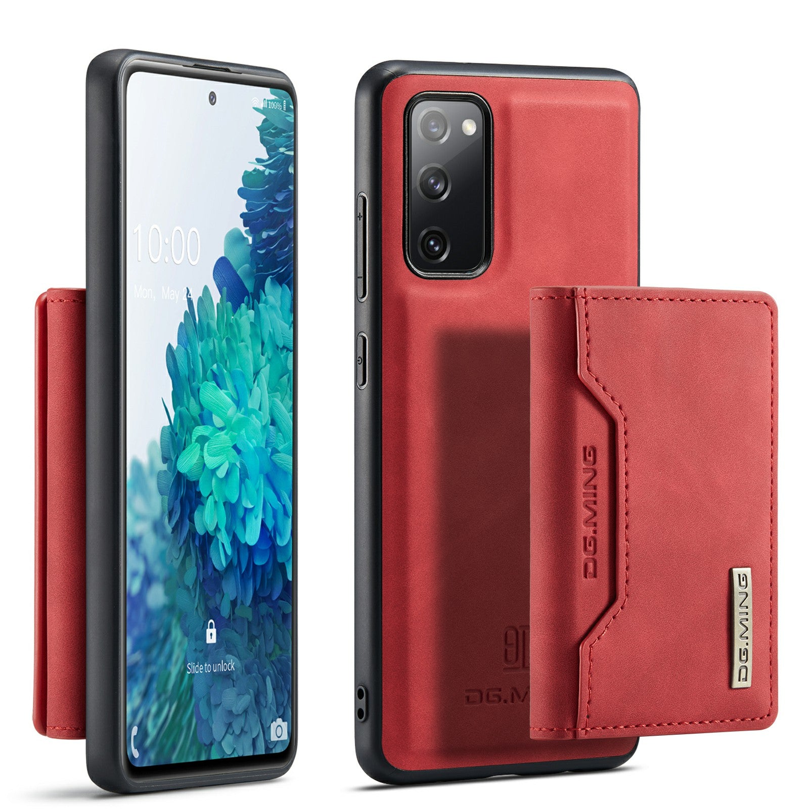 DG.MING M2 Series Magnetic Detachable Hybrid Case with Tri-Fold Wallet Kickstand Design for Samsung Galaxy S20 FE 2022/S20 FE 4G/S20 FE 5G/S20 Lite - Red