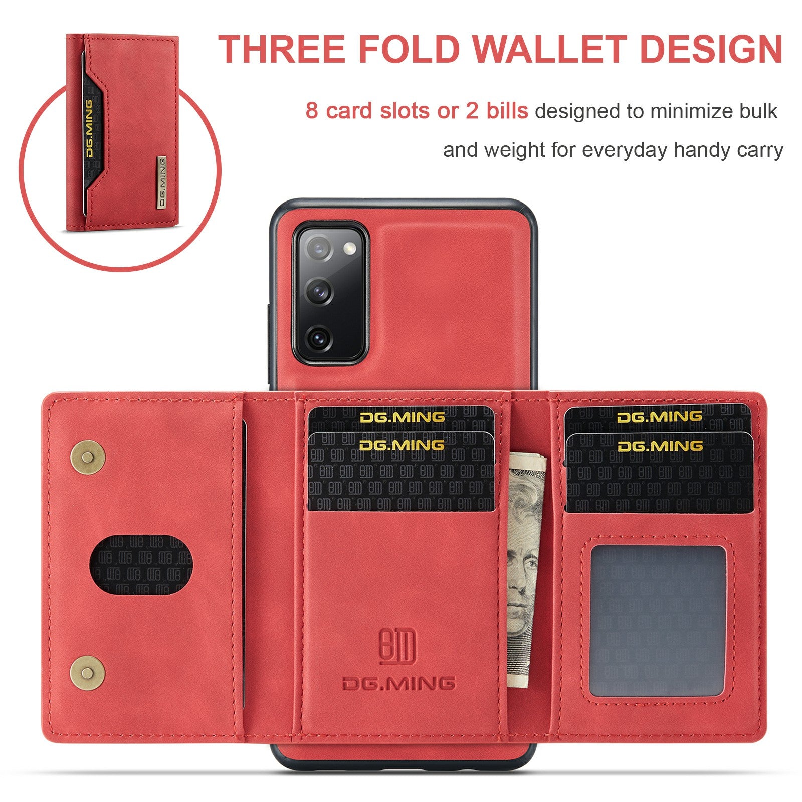 DG.MING M2 Series Magnetic Detachable Hybrid Case with Tri-Fold Wallet Kickstand Design for Samsung Galaxy S20 FE 2022/S20 FE 4G/S20 FE 5G/S20 Lite - Red