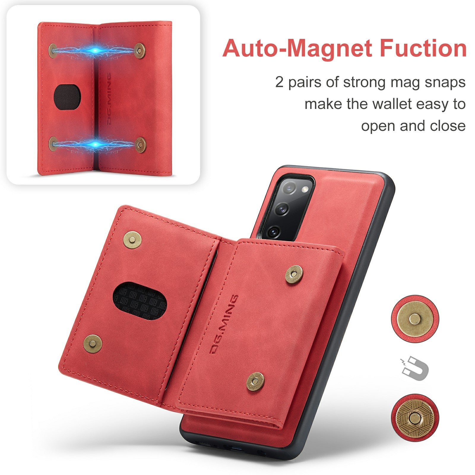 DG.MING M2 Series Magnetic Detachable Hybrid Case with Tri-Fold Wallet Kickstand Design for Samsung Galaxy S20 FE 2022/S20 FE 4G/S20 FE 5G/S20 Lite - Red