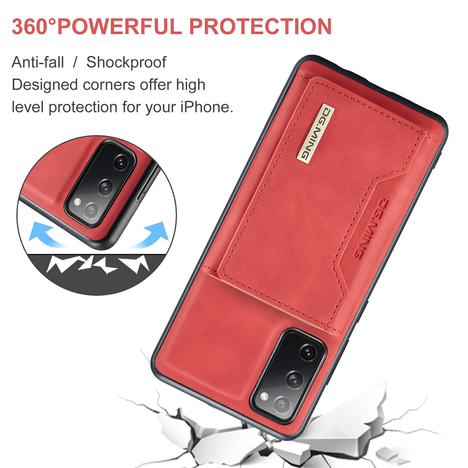 DG.MING M2 Series Magnetic Detachable Hybrid Case with Tri-Fold Wallet Kickstand Design for Samsung Galaxy S20 FE 2022/S20 FE 4G/S20 FE 5G/S20 Lite - Red