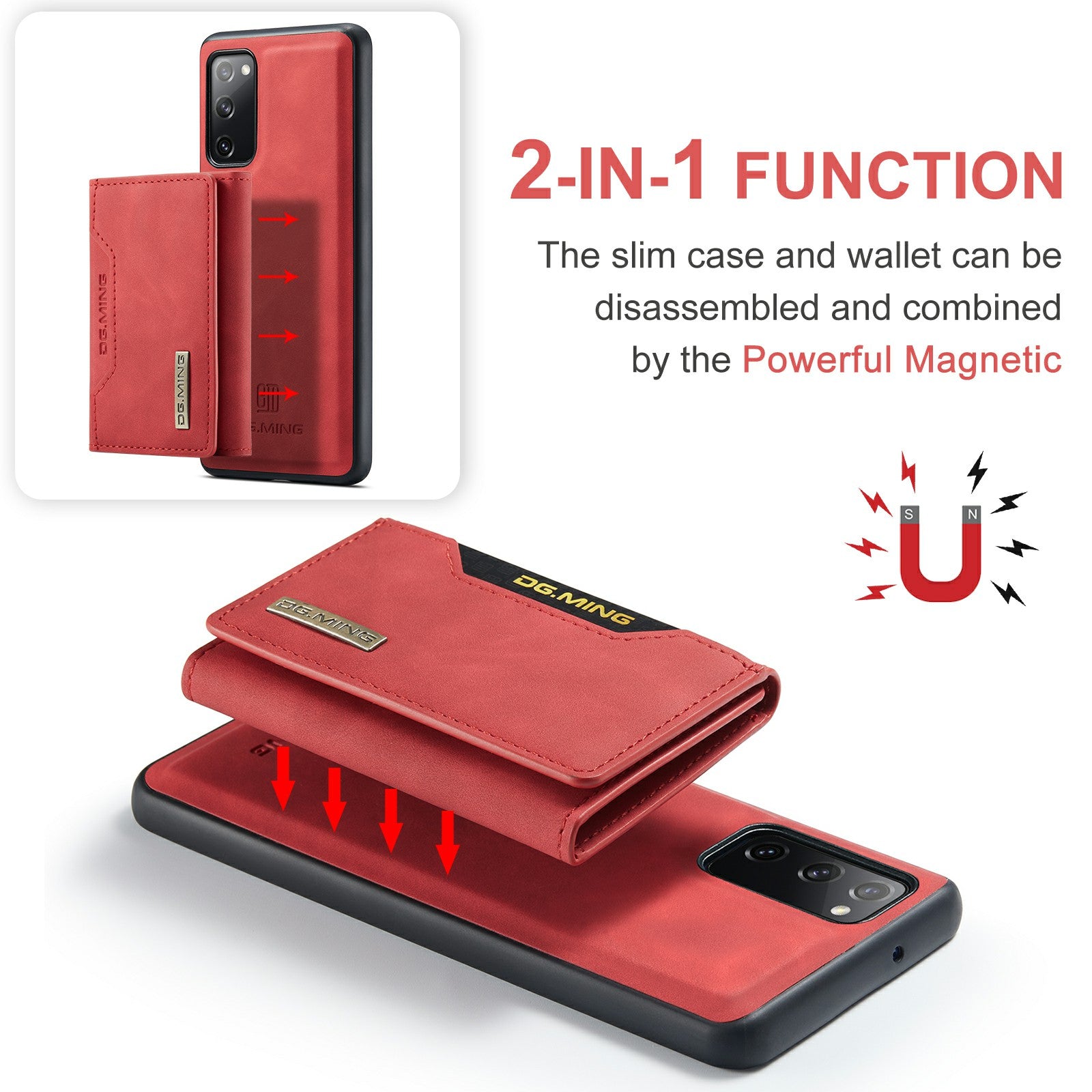 DG.MING M2 Series Magnetic Detachable Hybrid Case with Tri-Fold Wallet Kickstand Design for Samsung Galaxy S20 FE 2022/S20 FE 4G/S20 FE 5G/S20 Lite - Red