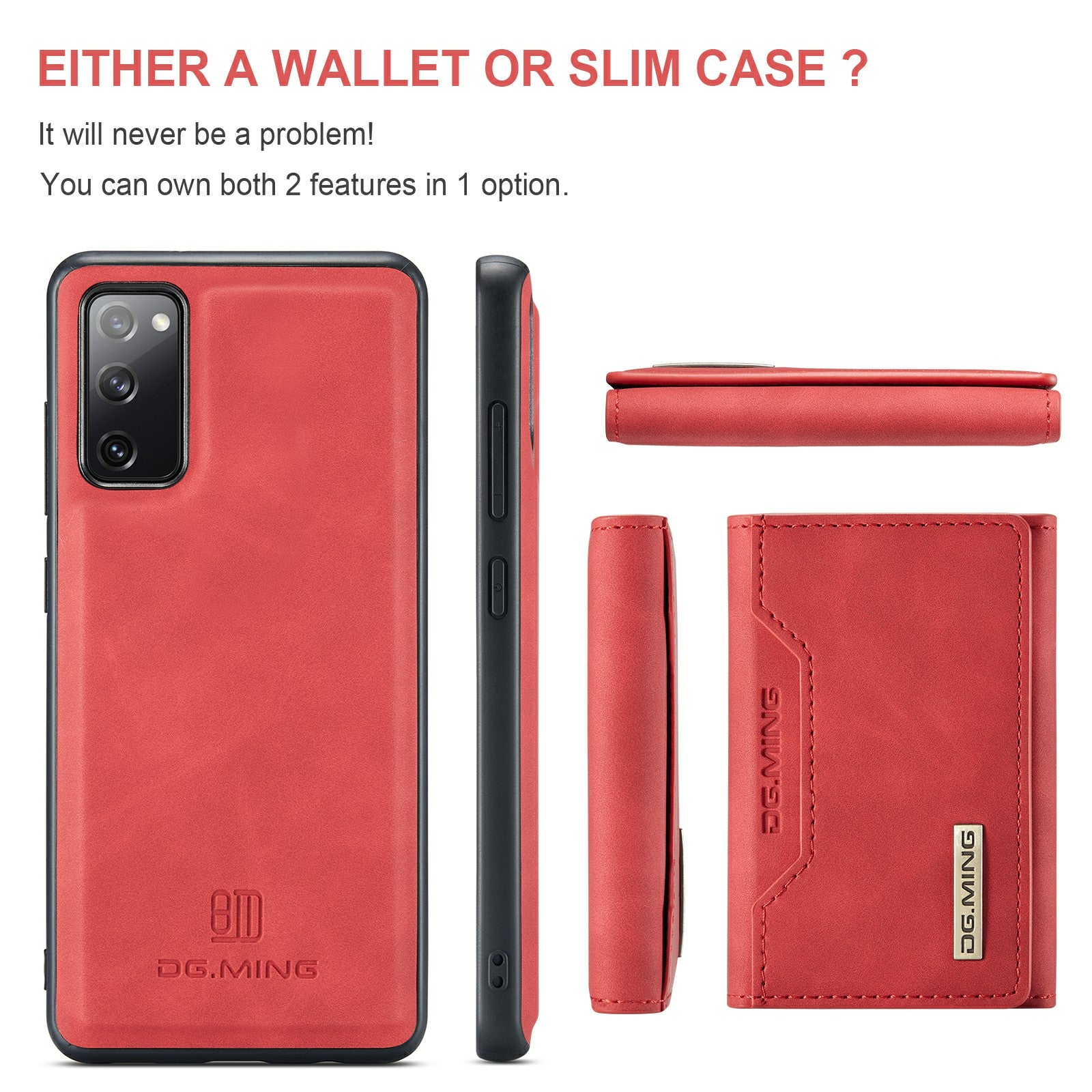 DG.MING M2 Series Magnetic Detachable Hybrid Case with Tri-Fold Wallet Kickstand Design for Samsung Galaxy S20 FE 2022/S20 FE 4G/S20 FE 5G/S20 Lite - Red