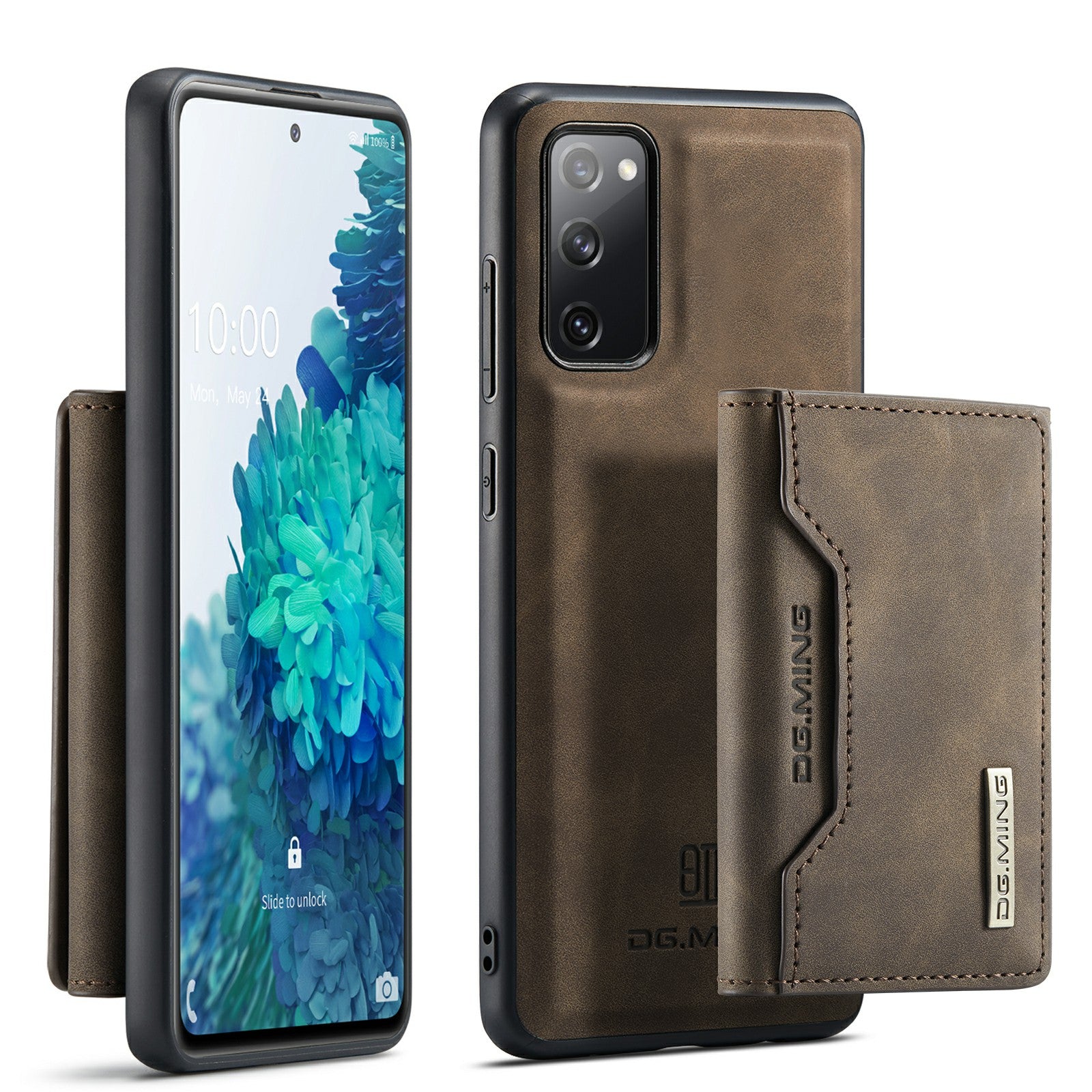 DG.MING M2 Series Magnetic Detachable Hybrid Case with Tri-Fold Wallet Kickstand Design for Samsung Galaxy S20 FE 2022/S20 FE 4G/S20 FE 5G/S20 Lite - Coffee