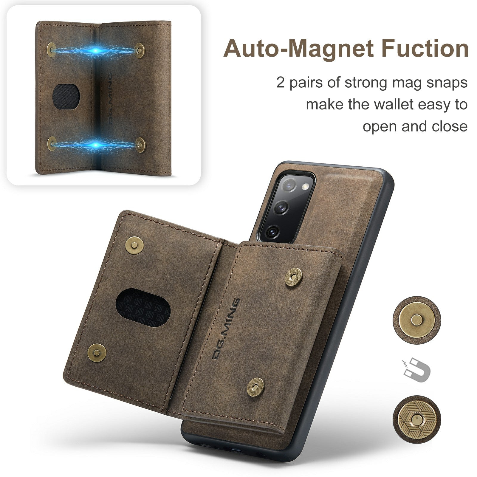 DG.MING M2 Series Magnetic Detachable Hybrid Case with Tri-Fold Wallet Kickstand Design for Samsung Galaxy S20 FE 2022/S20 FE 4G/S20 FE 5G/S20 Lite - Coffee