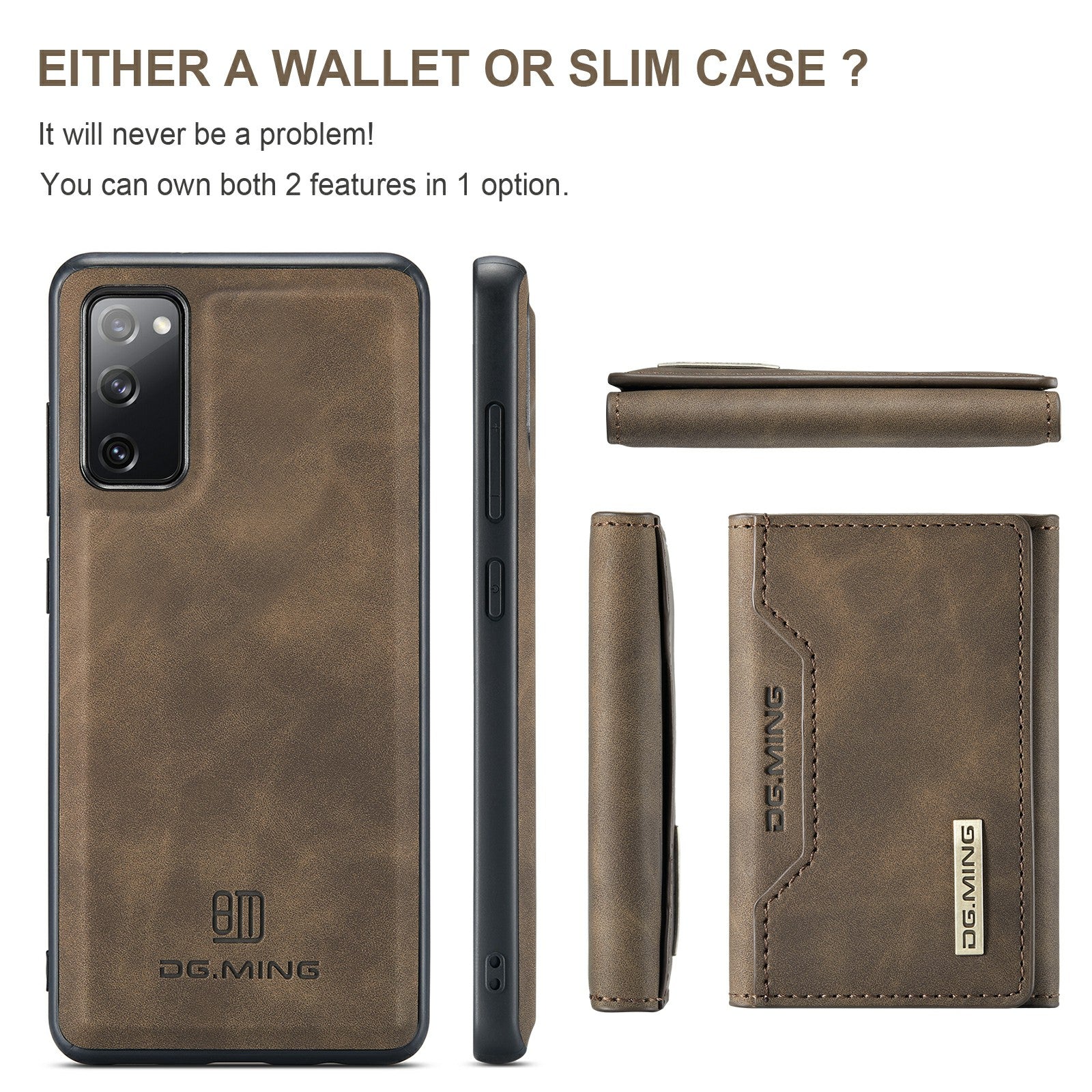 DG.MING M2 Series Magnetic Detachable Hybrid Case with Tri-Fold Wallet Kickstand Design for Samsung Galaxy S20 FE 2022/S20 FE 4G/S20 FE 5G/S20 Lite - Coffee