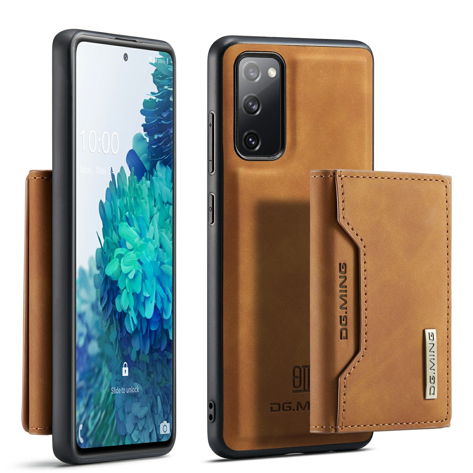 DG.MING M2 Series Magnetic Detachable Hybrid Case with Tri-Fold Wallet Kickstand Design for Samsung Galaxy S20 FE 2022/S20 FE 4G/S20 FE 5G/S20 Lite - Brown