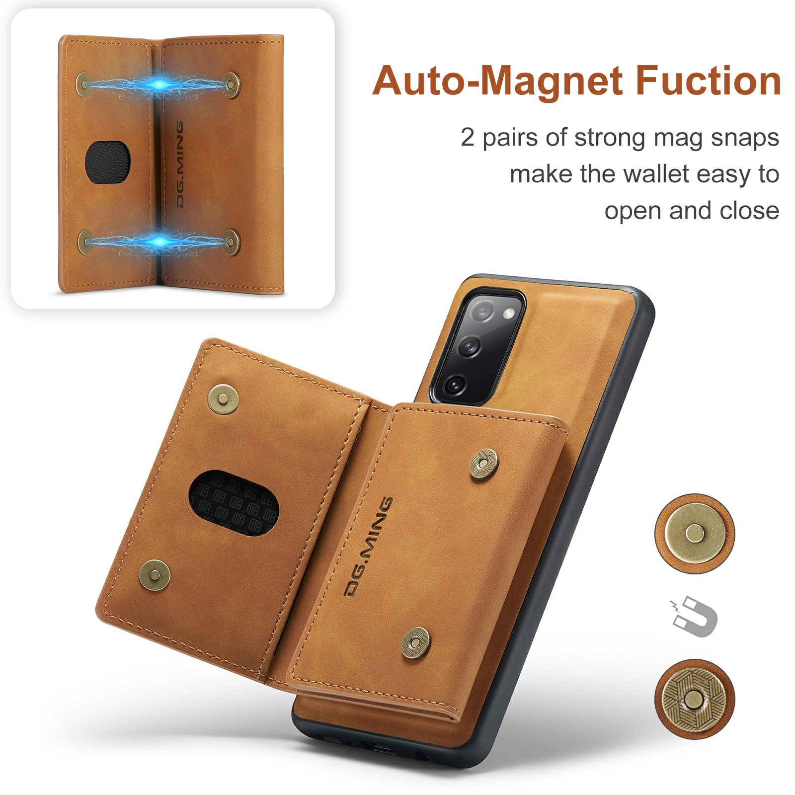 DG.MING M2 Series Magnetic Detachable Hybrid Case with Tri-Fold Wallet Kickstand Design for Samsung Galaxy S20 FE 2022/S20 FE 4G/S20 FE 5G/S20 Lite - Brown