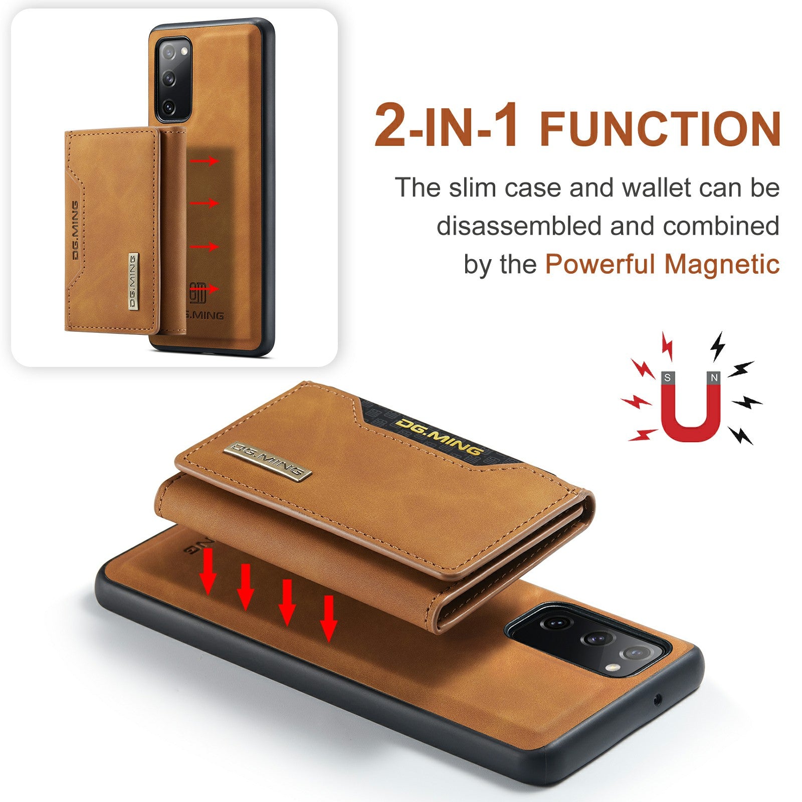 DG.MING M2 Series Magnetic Detachable Hybrid Case with Tri-Fold Wallet Kickstand Design for Samsung Galaxy S20 FE 2022/S20 FE 4G/S20 FE 5G/S20 Lite - Brown