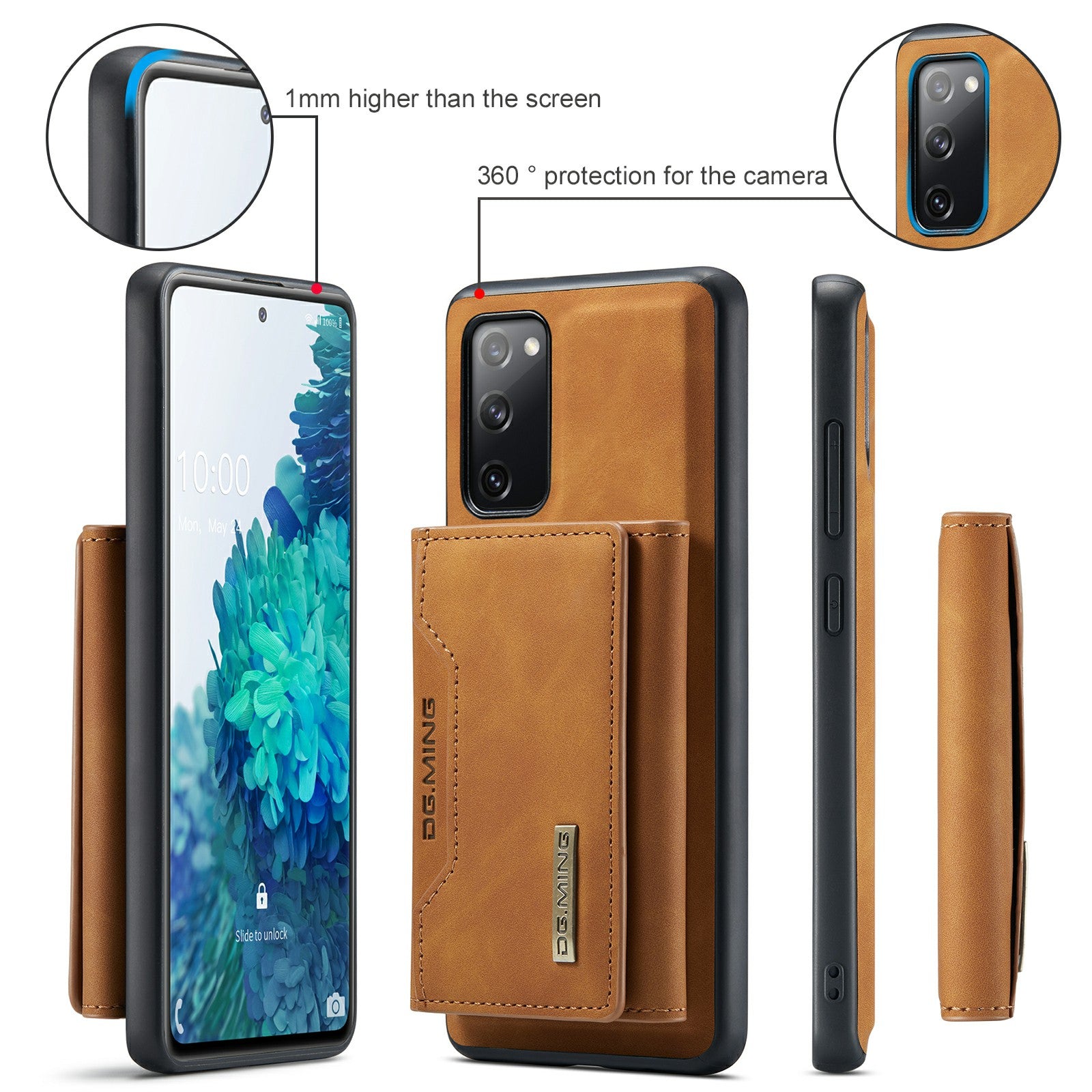 DG.MING M2 Series Magnetic Detachable Hybrid Case with Tri-Fold Wallet Kickstand Design for Samsung Galaxy S20 FE 2022/S20 FE 4G/S20 FE 5G/S20 Lite - Brown