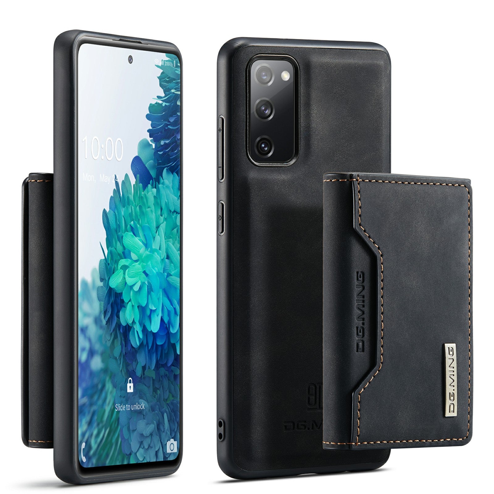 DG.MING M2 Series Magnetic Detachable Hybrid Case with Tri-Fold Wallet Kickstand Design for Samsung Galaxy S20 FE 2022/S20 FE 4G/S20 FE 5G/S20 Lite - Black