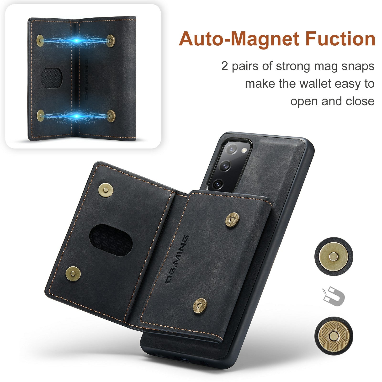 DG.MING M2 Series Magnetic Detachable Hybrid Case with Tri-Fold Wallet Kickstand Design for Samsung Galaxy S20 FE 2022/S20 FE 4G/S20 FE 5G/S20 Lite - Black