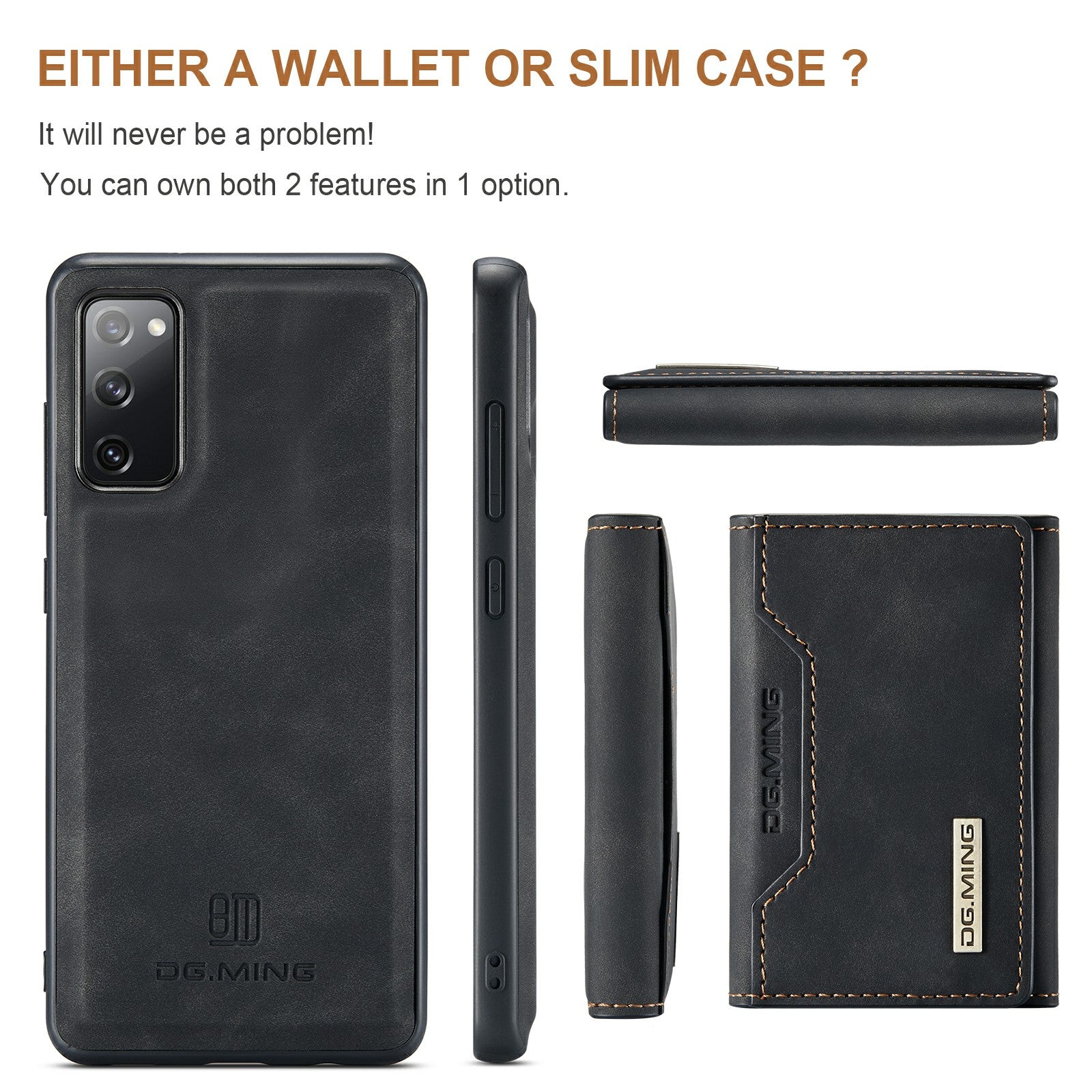 DG.MING M2 Series Magnetic Detachable Hybrid Case with Tri-Fold Wallet Kickstand Design for Samsung Galaxy S20 FE 2022/S20 FE 4G/S20 FE 5G/S20 Lite - Black