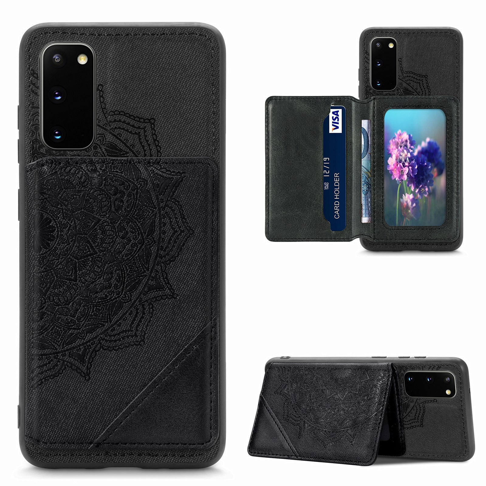 Magnetic Auto-absorbed Kickstand Leather Coated Phone Case Cover with Imprinted Mandala Flower for Samsung Galaxy S20 4G/S20 5G - Black