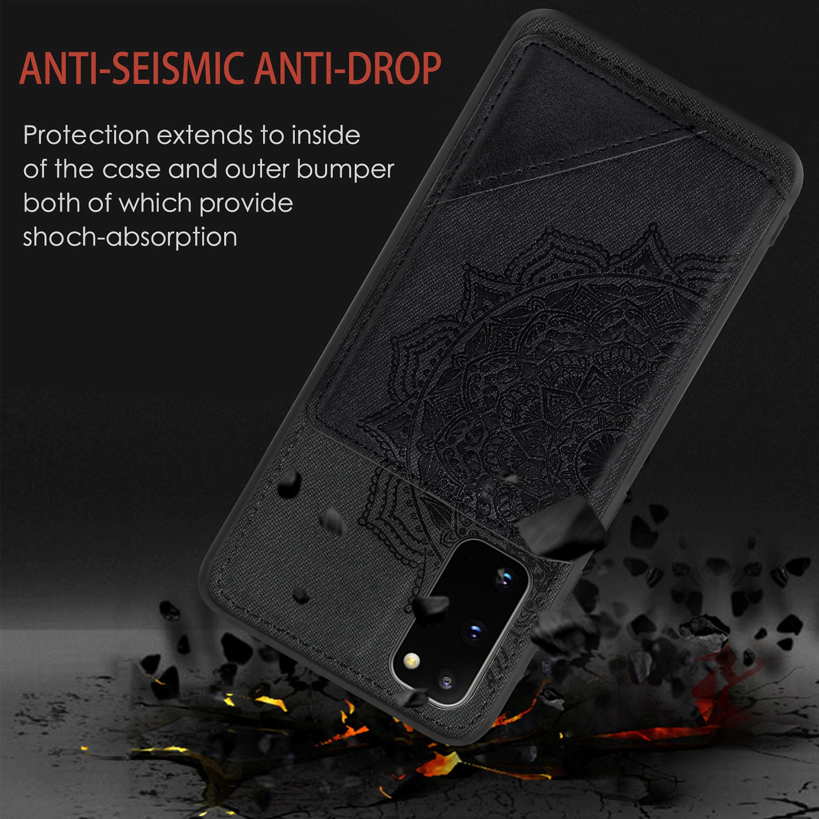 Magnetic Auto-absorbed Kickstand Leather Coated Phone Case Cover with Imprinted Mandala Flower for Samsung Galaxy S20 4G/S20 5G - Black