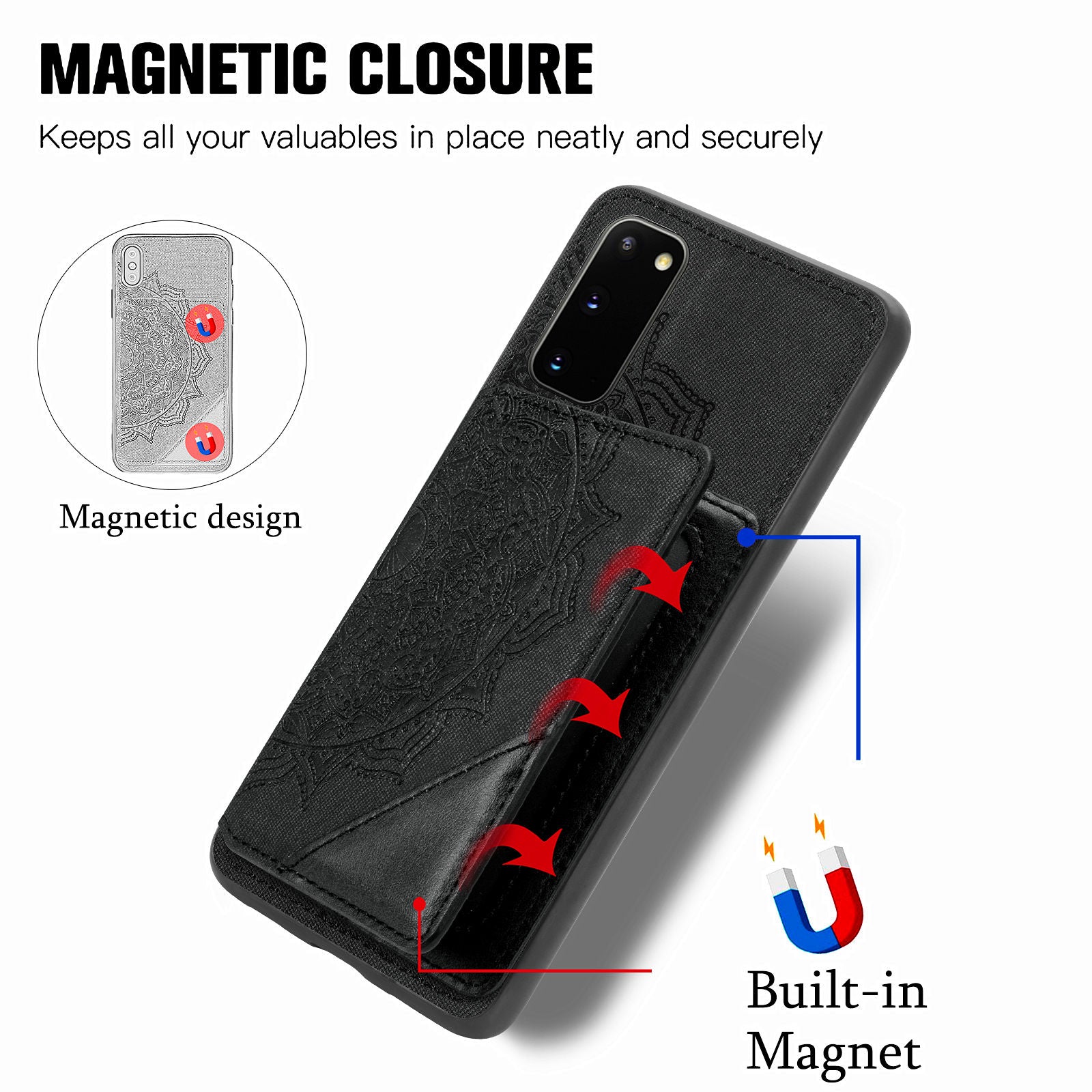 Magnetic Auto-absorbed Kickstand Leather Coated Phone Case Cover with Imprinted Mandala Flower for Samsung Galaxy S20 4G/S20 5G - Black