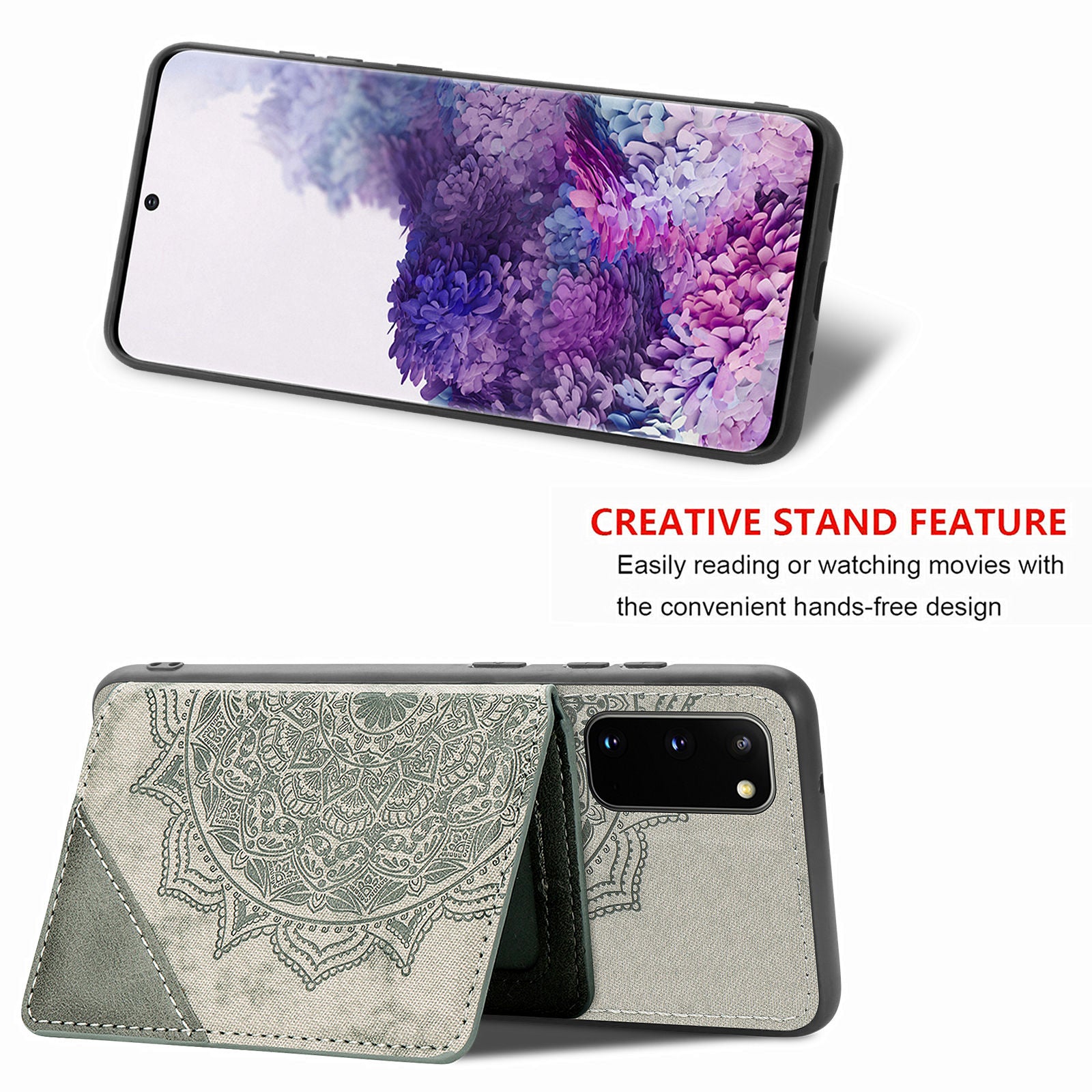 Magnetic Auto-absorbed Kickstand Leather Coated Phone Case Cover with Imprinted Mandala Flower for Samsung Galaxy S20 4G/S20 5G - Grey