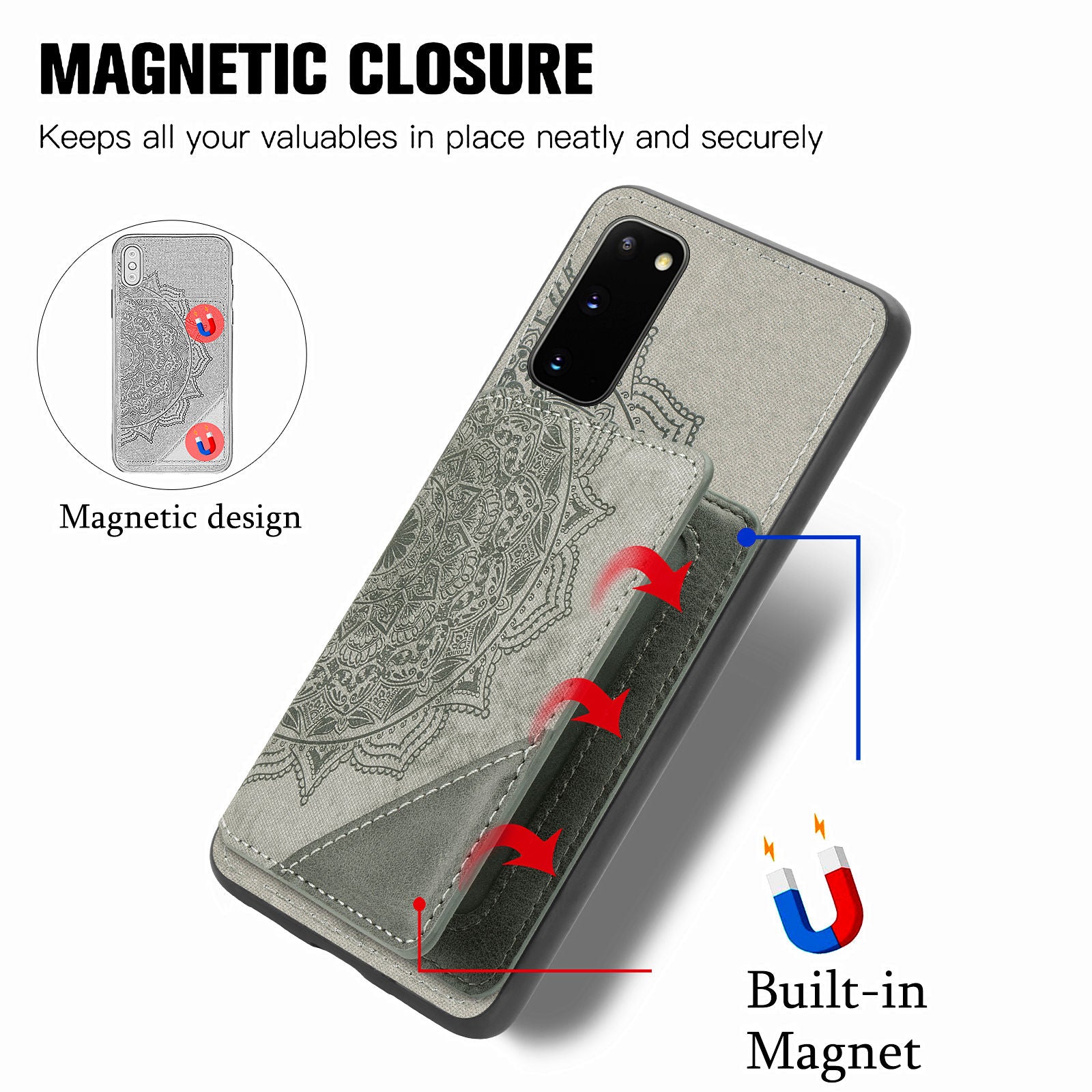 Magnetic Auto-absorbed Kickstand Leather Coated Phone Case Cover with Imprinted Mandala Flower for Samsung Galaxy S20 4G/S20 5G - Grey