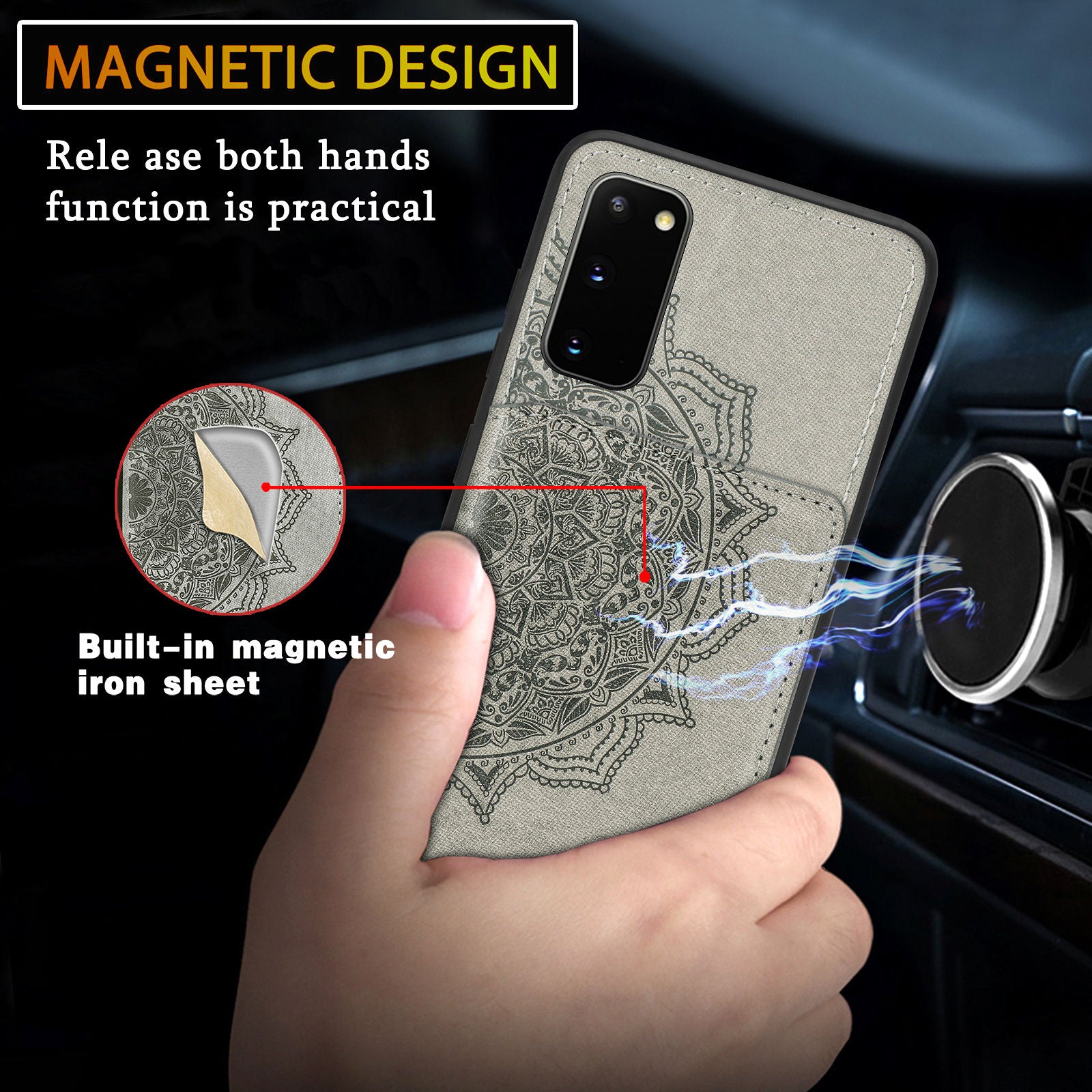 Magnetic Auto-absorbed Kickstand Leather Coated Phone Case Cover with Imprinted Mandala Flower for Samsung Galaxy S20 4G/S20 5G - Grey