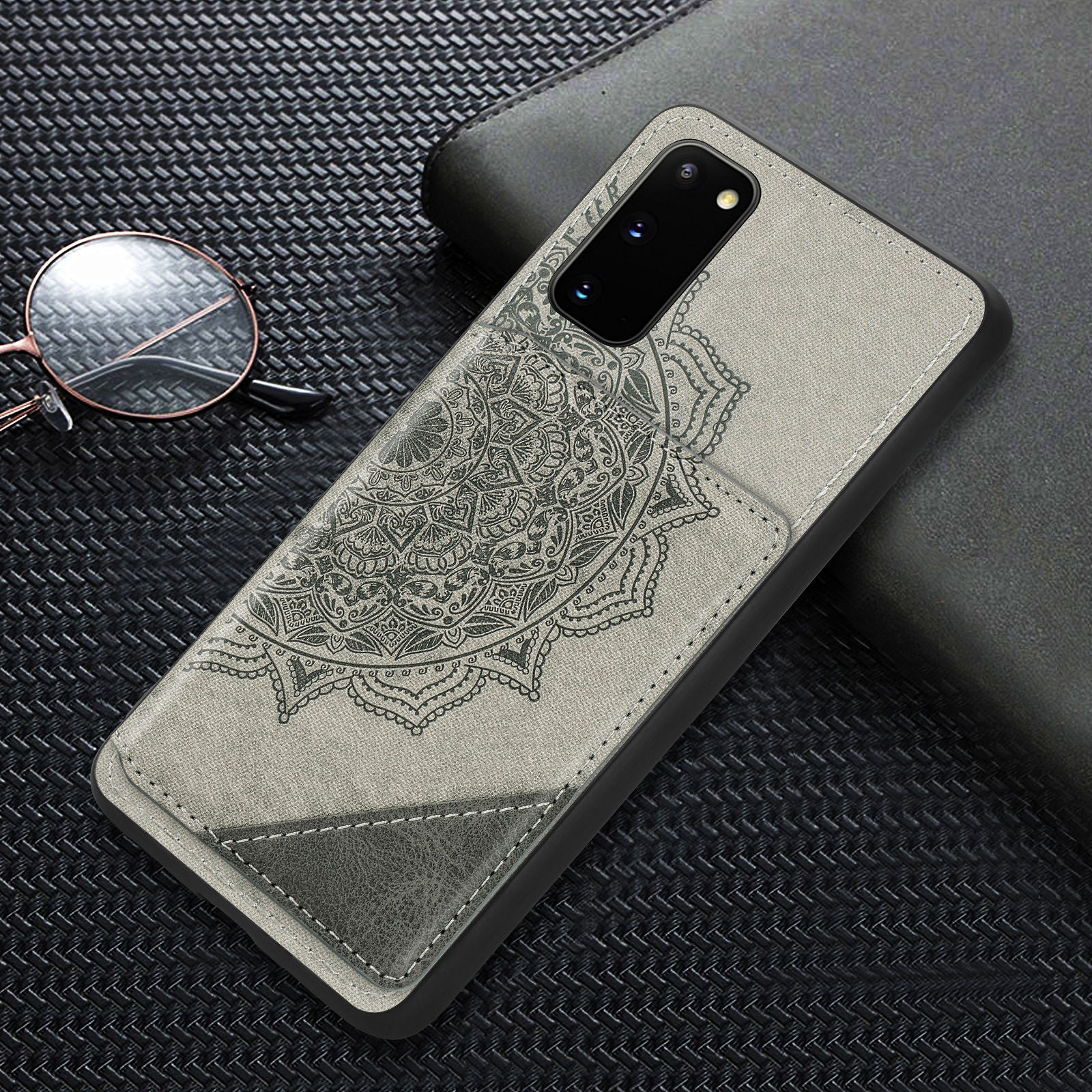 Magnetic Auto-absorbed Kickstand Leather Coated Phone Case Cover with Imprinted Mandala Flower for Samsung Galaxy S20 4G/S20 5G - Grey