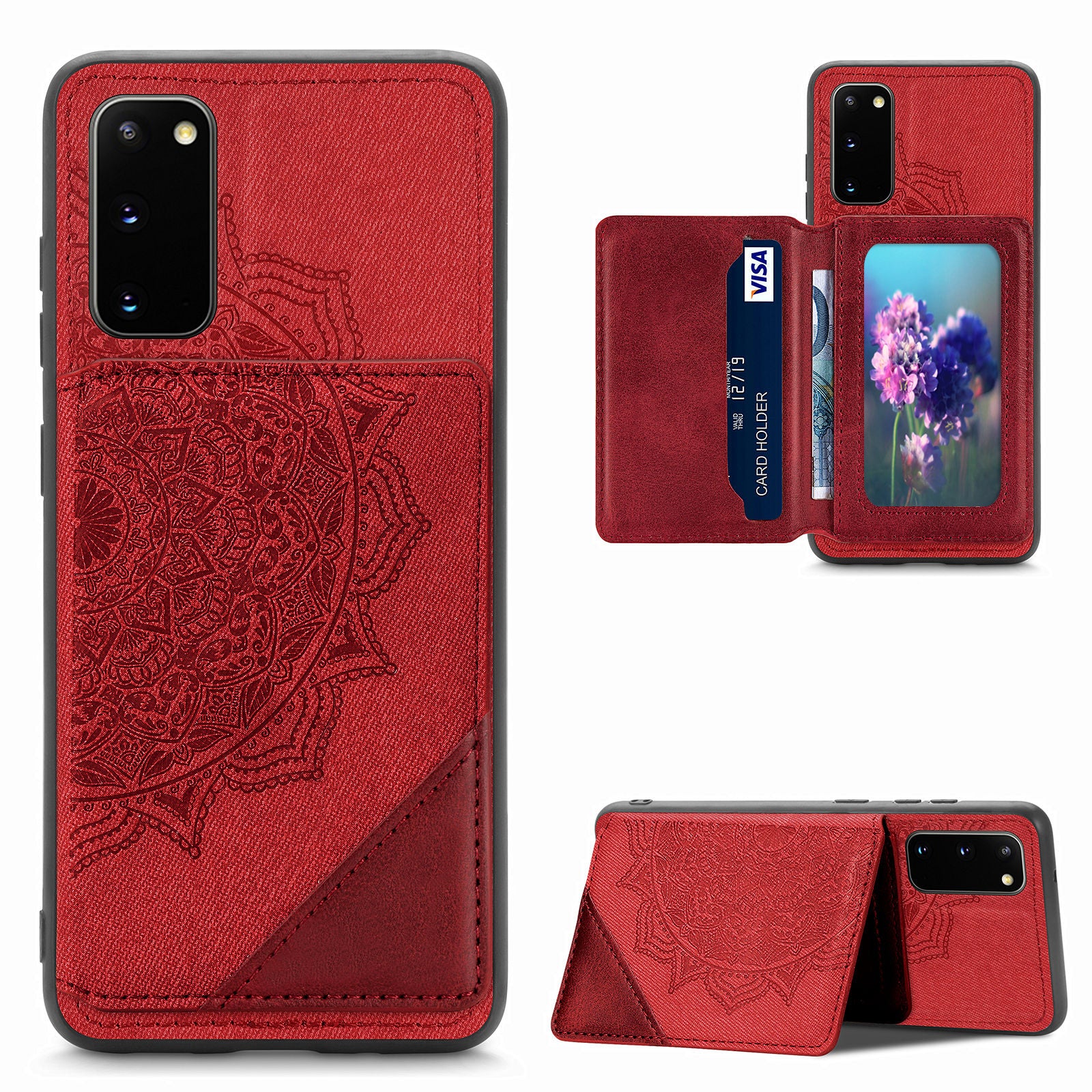 Magnetic Auto-absorbed Kickstand Leather Coated Phone Case Cover with Imprinted Mandala Flower for Samsung Galaxy S20 4G/S20 5G - Red