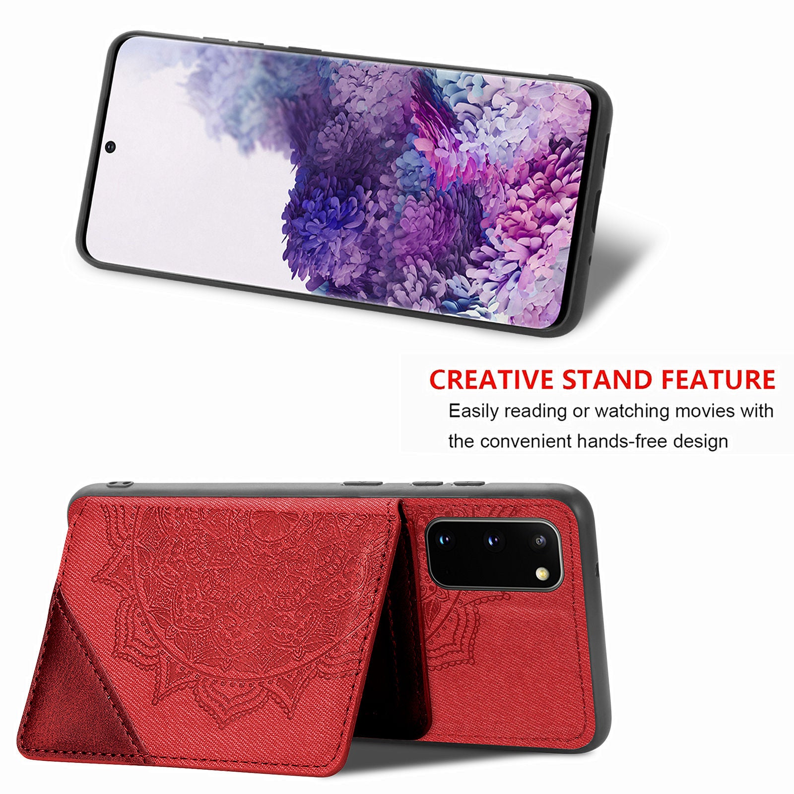 Magnetic Auto-absorbed Kickstand Leather Coated Phone Case Cover with Imprinted Mandala Flower for Samsung Galaxy S20 4G/S20 5G - Red