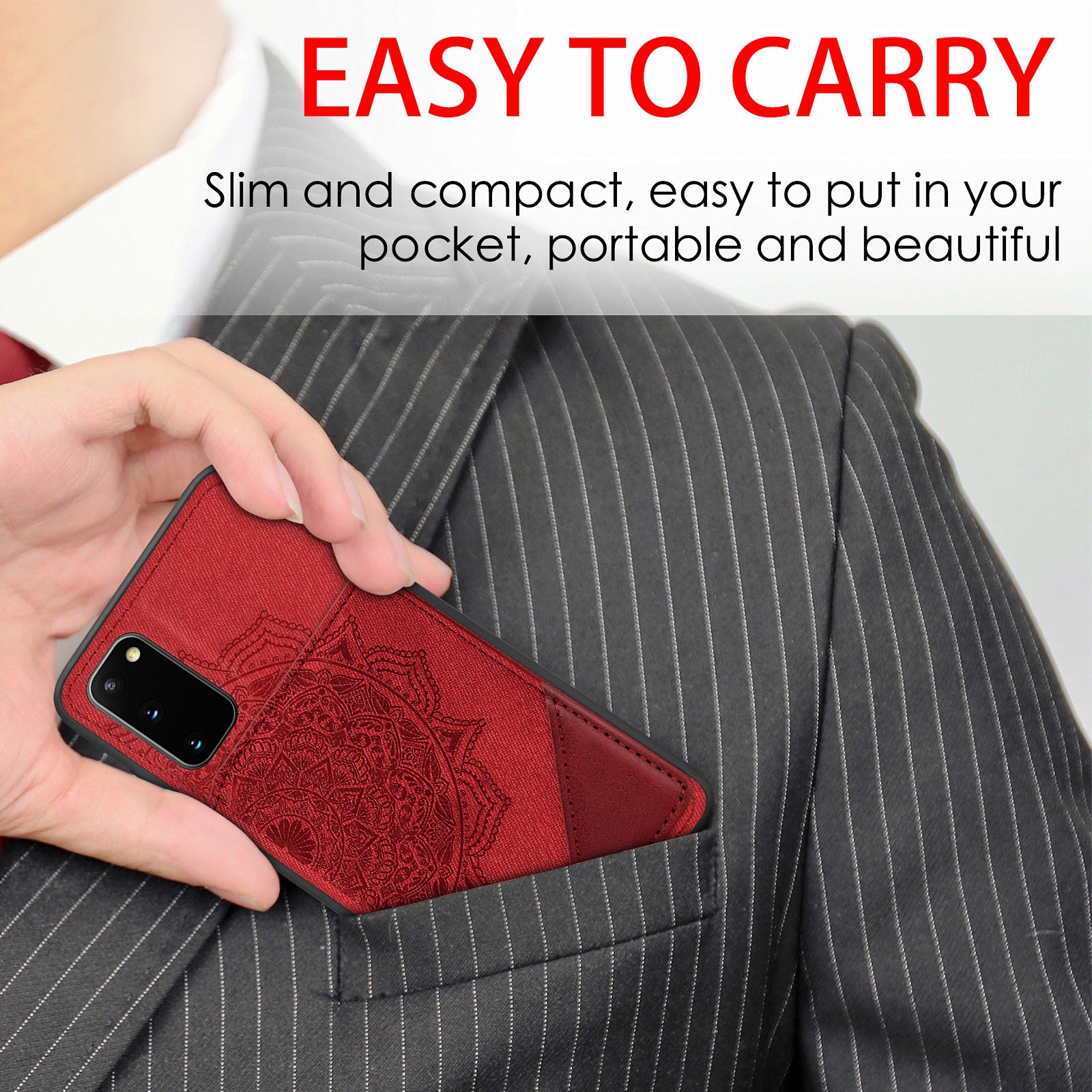 Magnetic Auto-absorbed Kickstand Leather Coated Phone Case Cover with Imprinted Mandala Flower for Samsung Galaxy S20 4G/S20 5G - Red