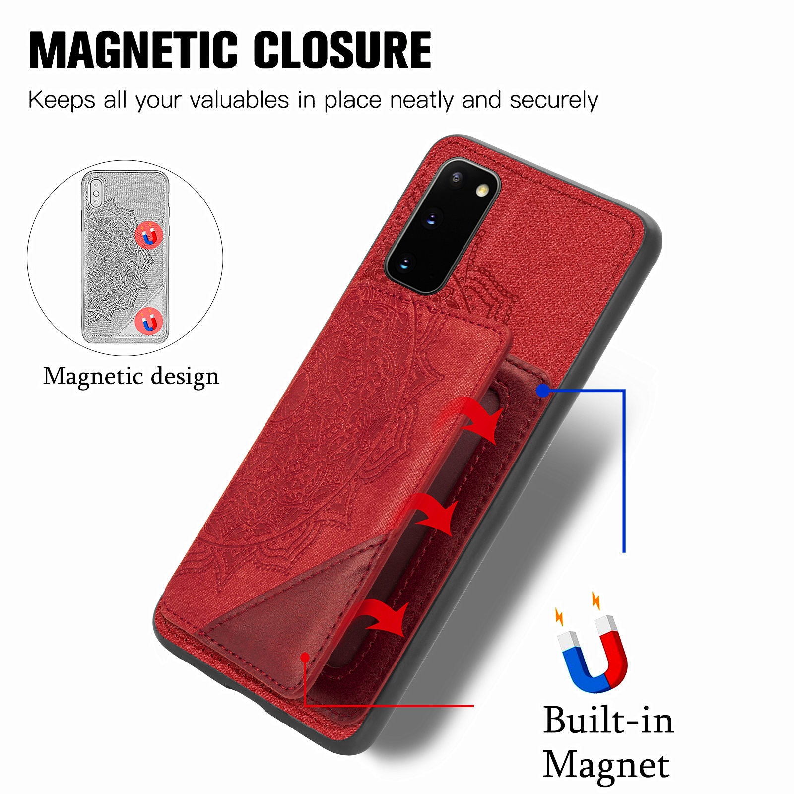 Magnetic Auto-absorbed Kickstand Leather Coated Phone Case Cover with Imprinted Mandala Flower for Samsung Galaxy S20 4G/S20 5G - Red