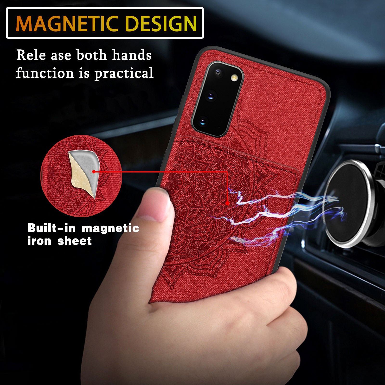 Magnetic Auto-absorbed Kickstand Leather Coated Phone Case Cover with Imprinted Mandala Flower for Samsung Galaxy S20 4G/S20 5G - Red