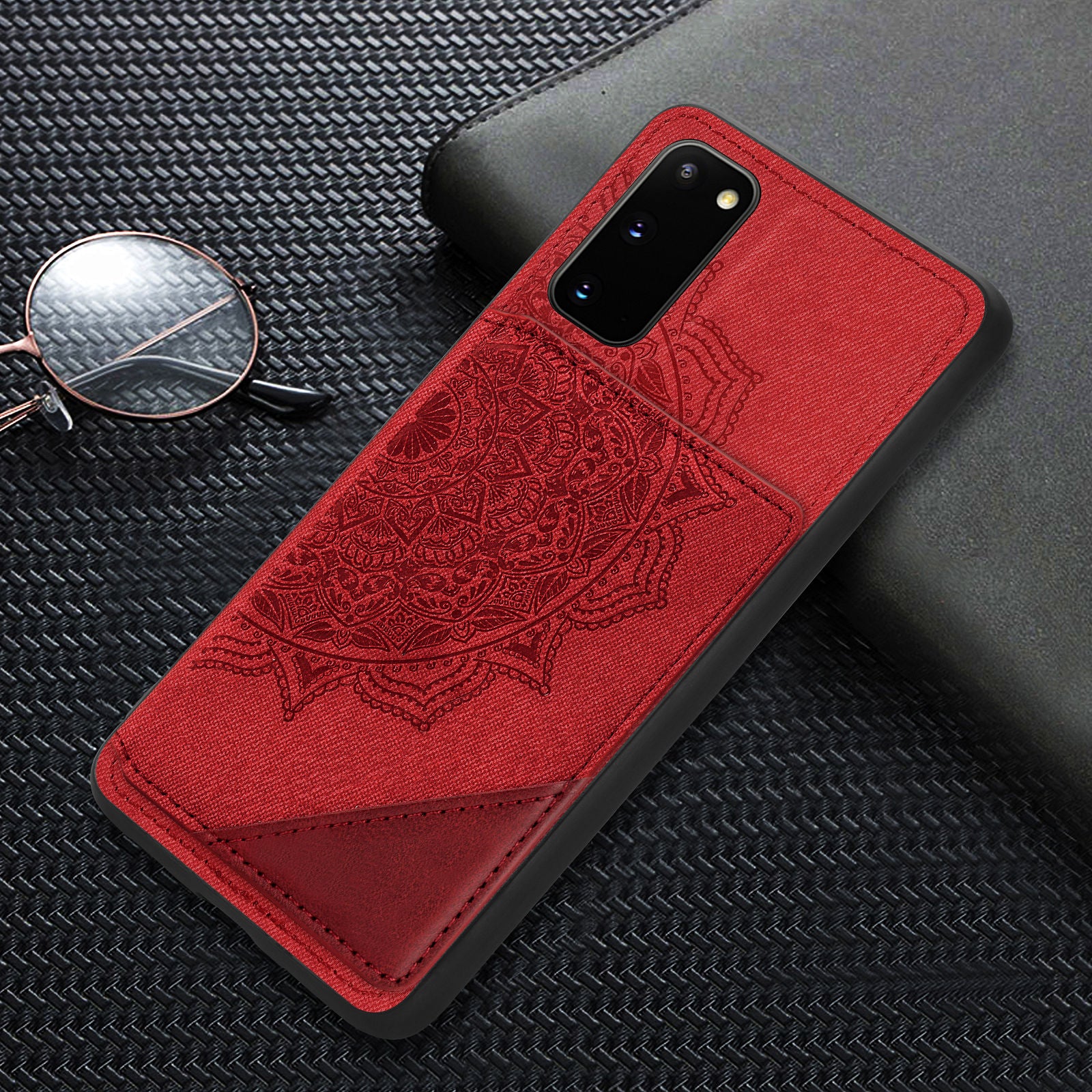 Magnetic Auto-absorbed Kickstand Leather Coated Phone Case Cover with Imprinted Mandala Flower for Samsung Galaxy S20 4G/S20 5G - Red