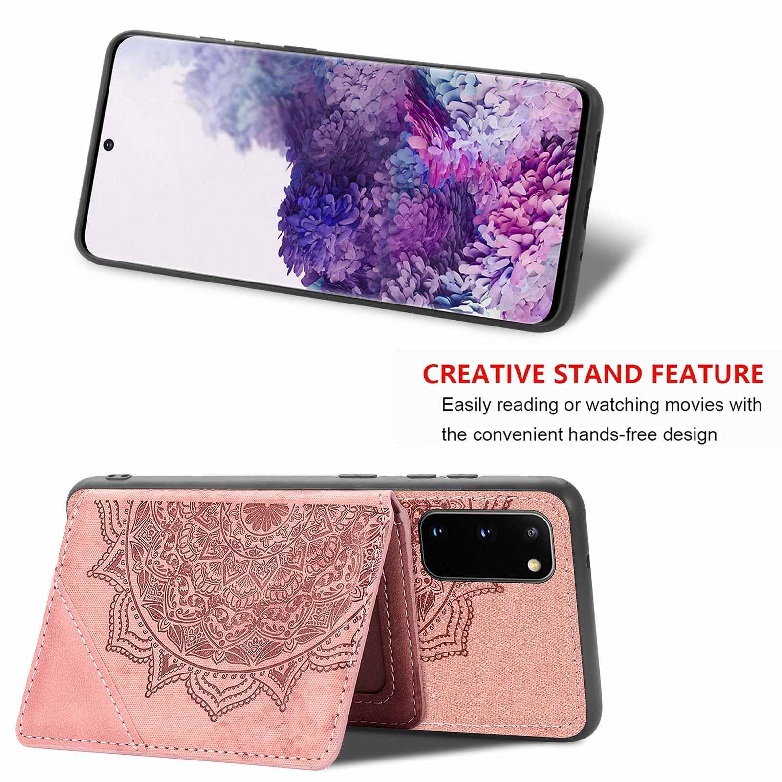 Magnetic Auto-absorbed Kickstand Leather Coated Phone Case Cover with Imprinted Mandala Flower for Samsung Galaxy S20 4G/S20 5G - Pink