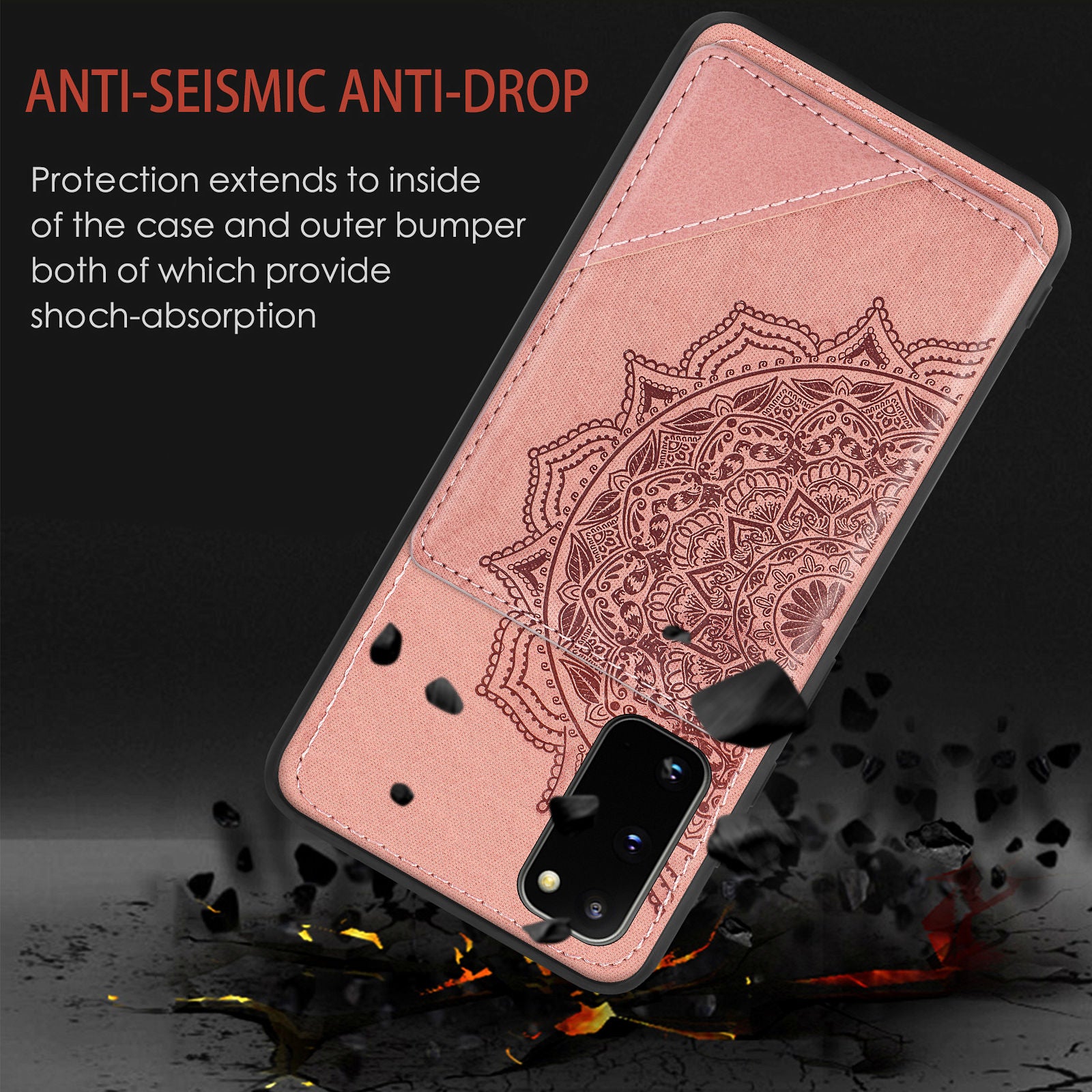 Magnetic Auto-absorbed Kickstand Leather Coated Phone Case Cover with Imprinted Mandala Flower for Samsung Galaxy S20 4G/S20 5G - Pink