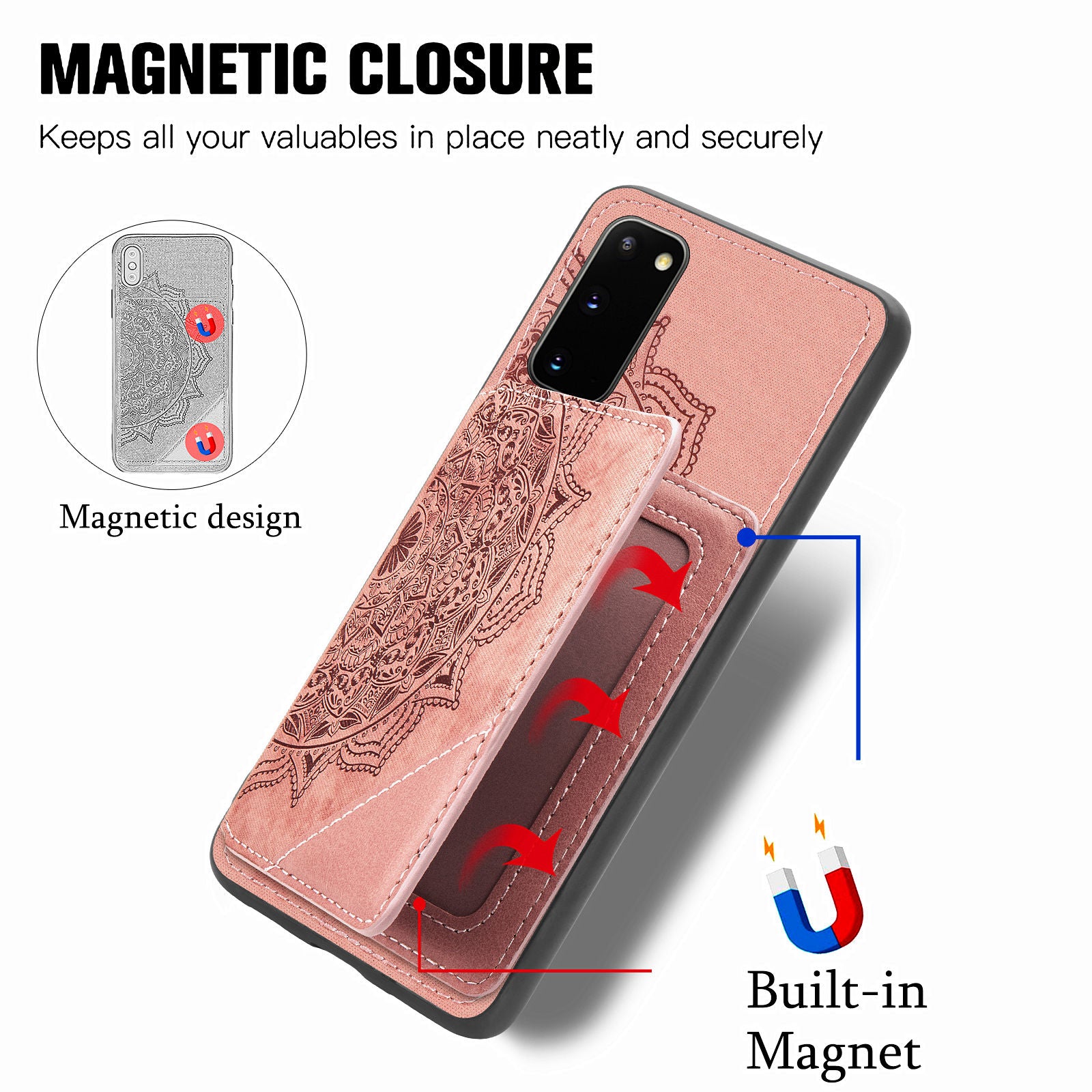 Magnetic Auto-absorbed Kickstand Leather Coated Phone Case Cover with Imprinted Mandala Flower for Samsung Galaxy S20 4G/S20 5G - Pink