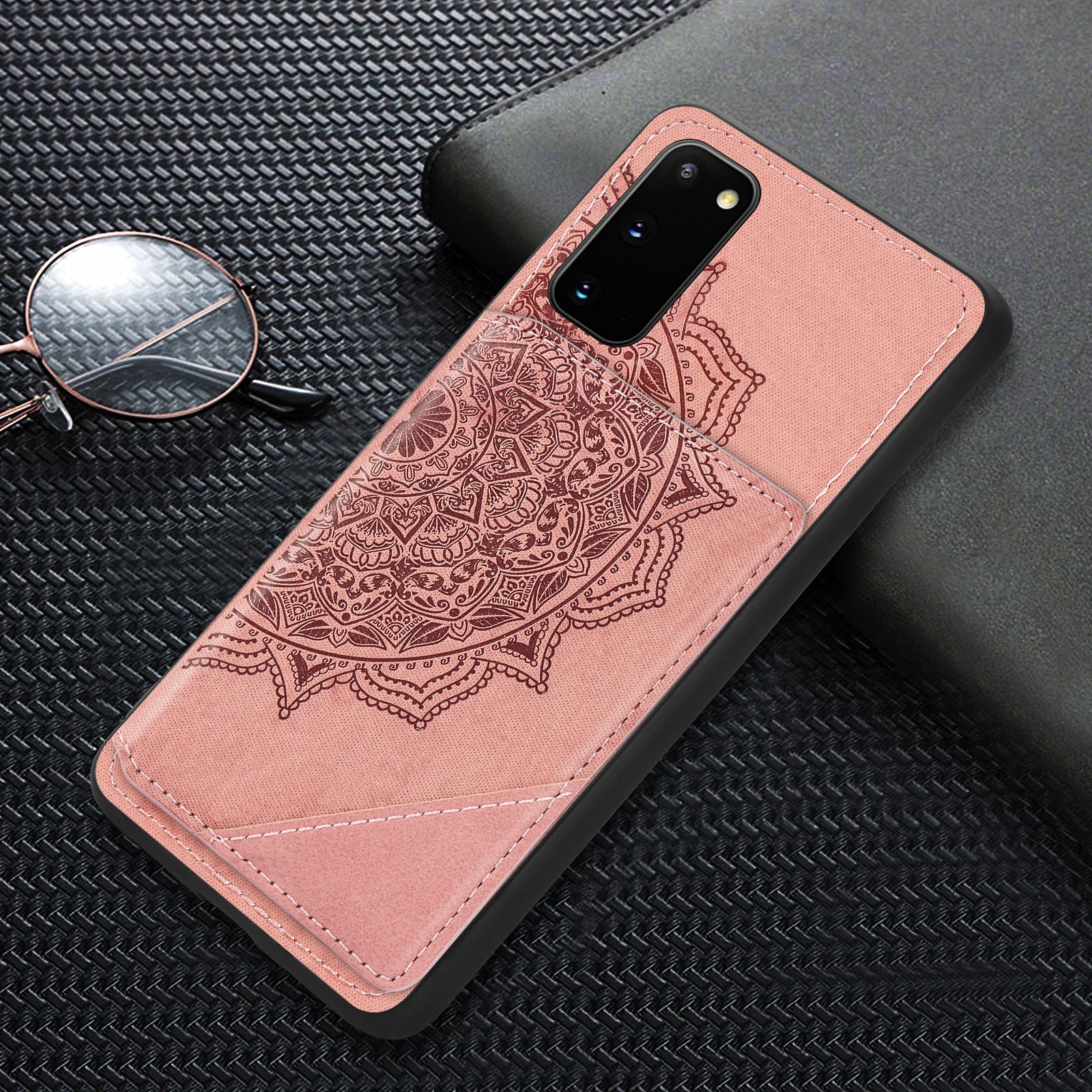 Magnetic Auto-absorbed Kickstand Leather Coated Phone Case Cover with Imprinted Mandala Flower for Samsung Galaxy S20 4G/S20 5G - Pink