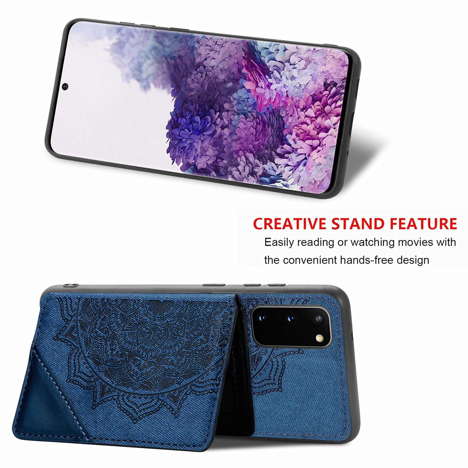 Magnetic Auto-absorbed Kickstand Leather Coated Phone Case Cover with Imprinted Mandala Flower for Samsung Galaxy S20 4G/S20 5G - Blue