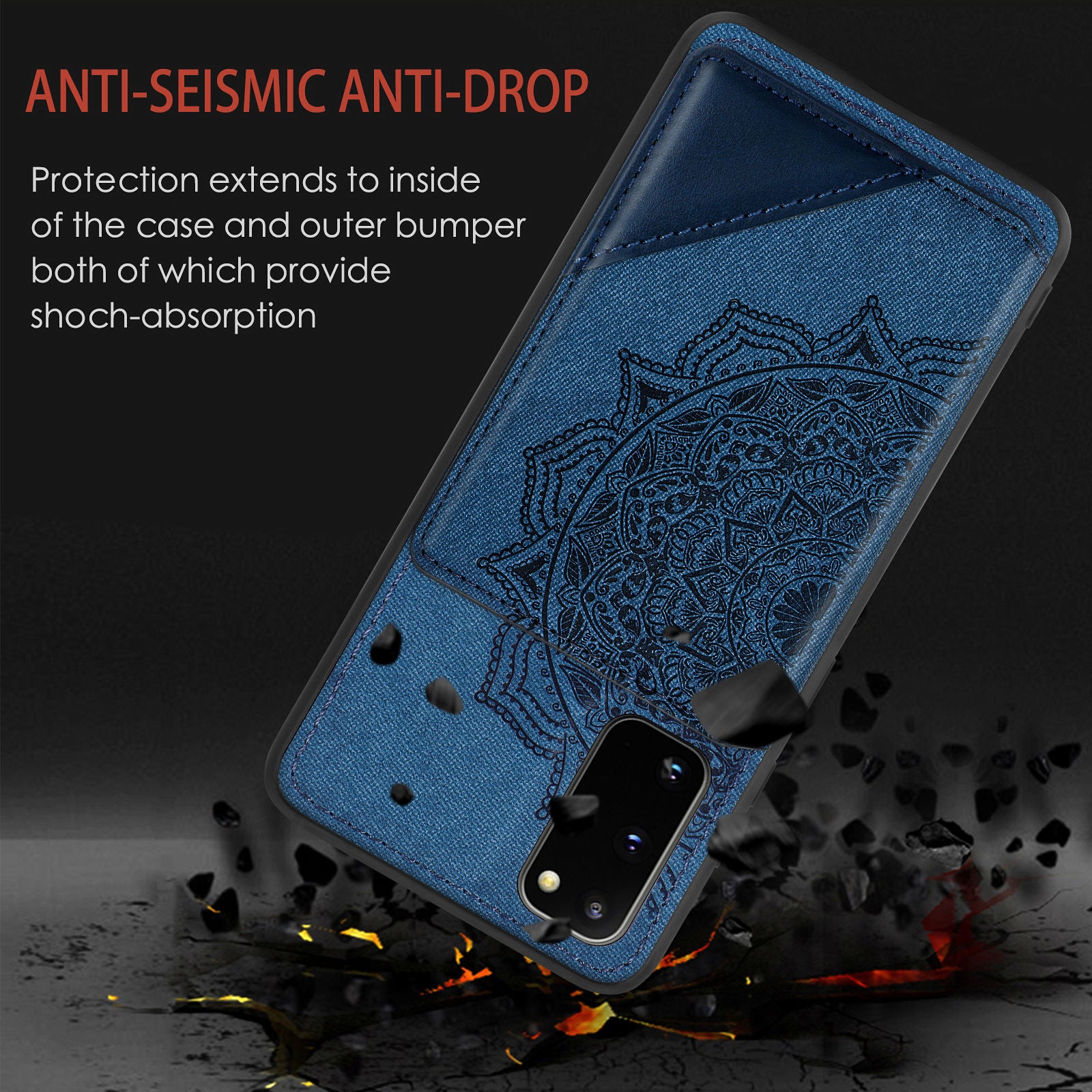 Magnetic Auto-absorbed Kickstand Leather Coated Phone Case Cover with Imprinted Mandala Flower for Samsung Galaxy S20 4G/S20 5G - Blue