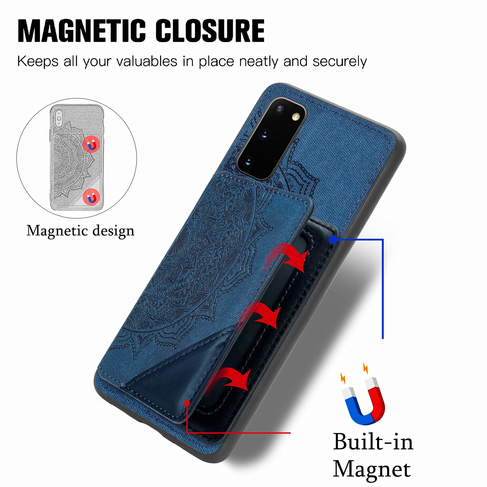 Magnetic Auto-absorbed Kickstand Leather Coated Phone Case Cover with Imprinted Mandala Flower for Samsung Galaxy S20 4G/S20 5G - Blue