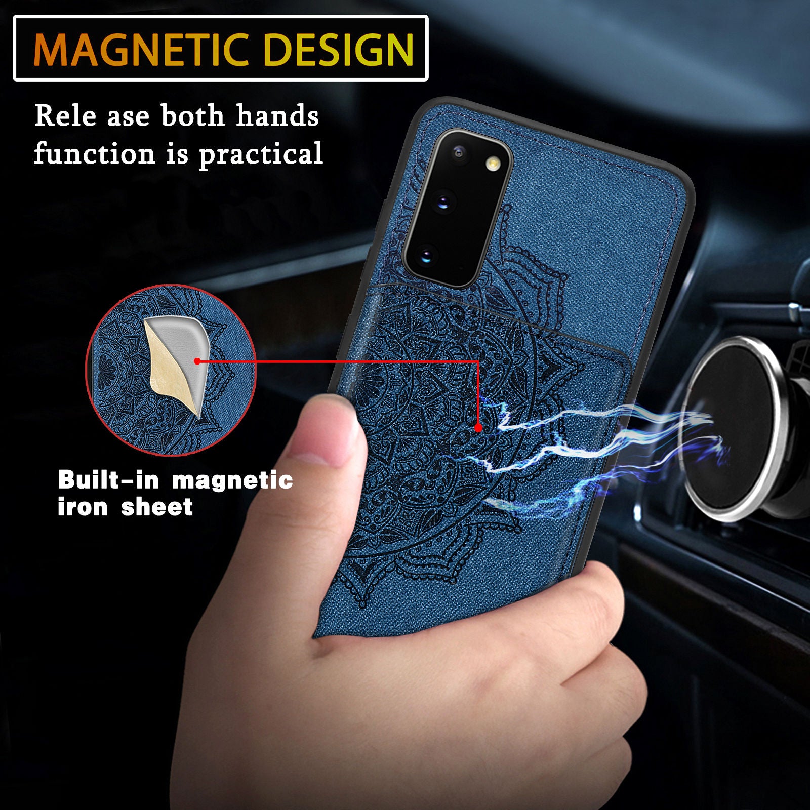 Magnetic Auto-absorbed Kickstand Leather Coated Phone Case Cover with Imprinted Mandala Flower for Samsung Galaxy S20 4G/S20 5G - Blue