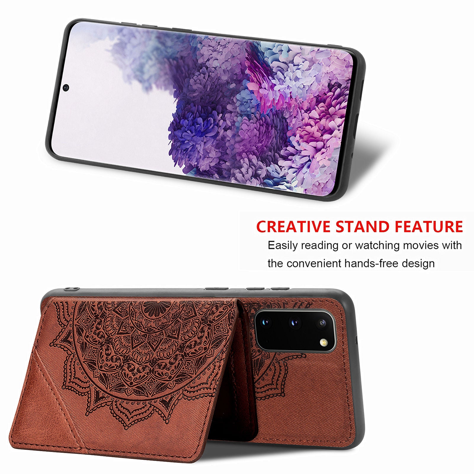 Magnetic Auto-absorbed Kickstand Leather Coated Phone Case Cover with Imprinted Mandala Flower for Samsung Galaxy S20 4G/S20 5G - Brown