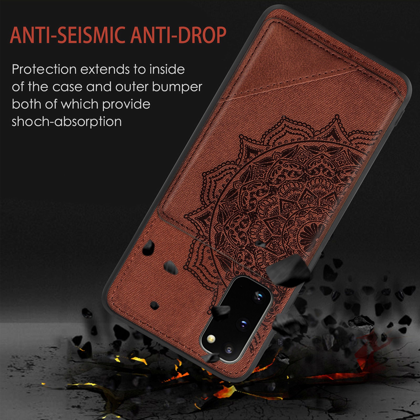 Magnetic Auto-absorbed Kickstand Leather Coated Phone Case Cover with Imprinted Mandala Flower for Samsung Galaxy S20 4G/S20 5G - Brown