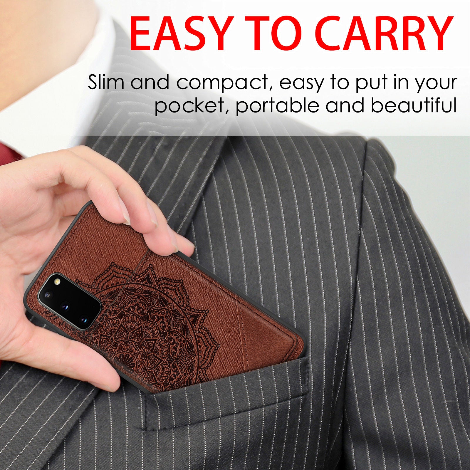 Magnetic Auto-absorbed Kickstand Leather Coated Phone Case Cover with Imprinted Mandala Flower for Samsung Galaxy S20 4G/S20 5G - Brown