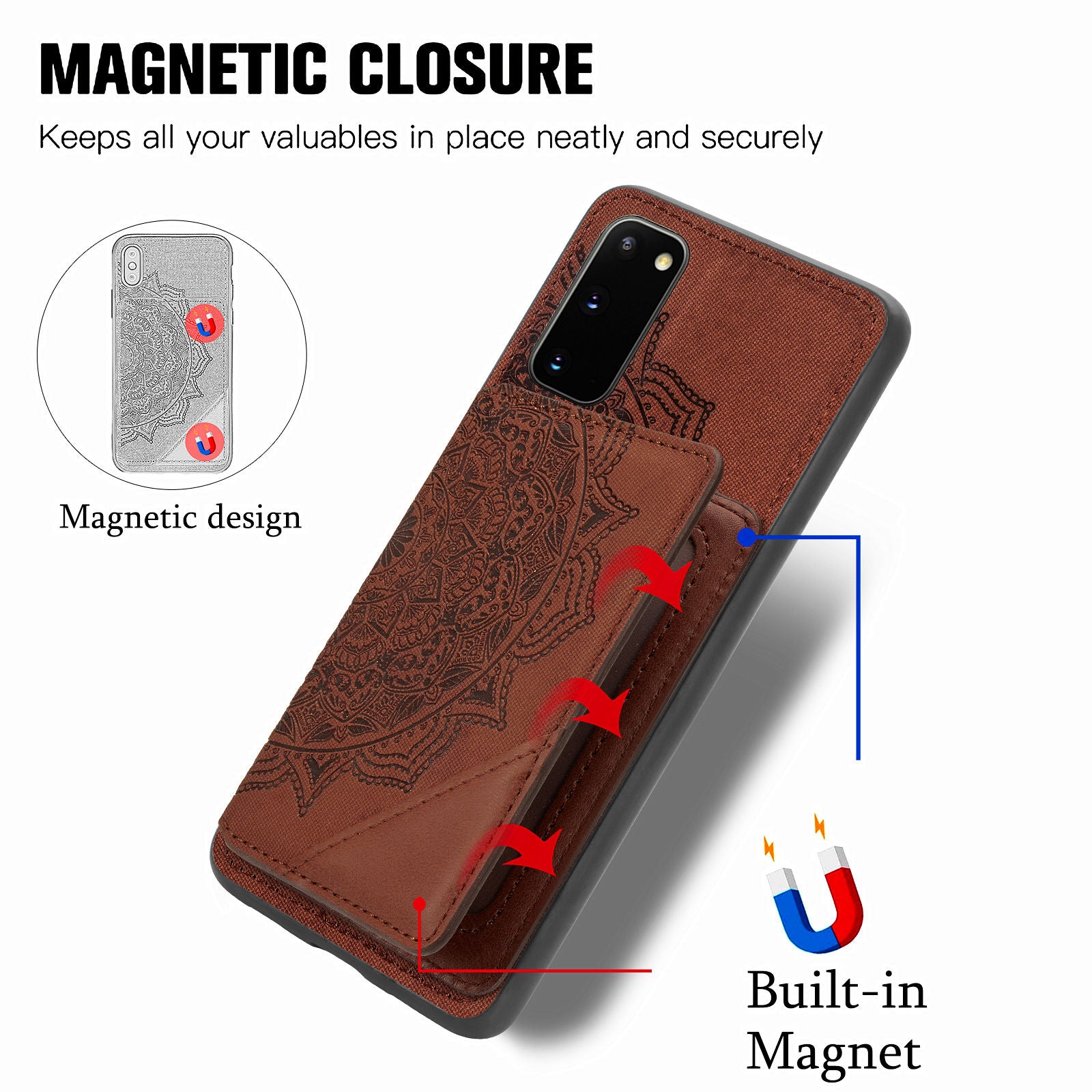 Magnetic Auto-absorbed Kickstand Leather Coated Phone Case Cover with Imprinted Mandala Flower for Samsung Galaxy S20 4G/S20 5G - Brown