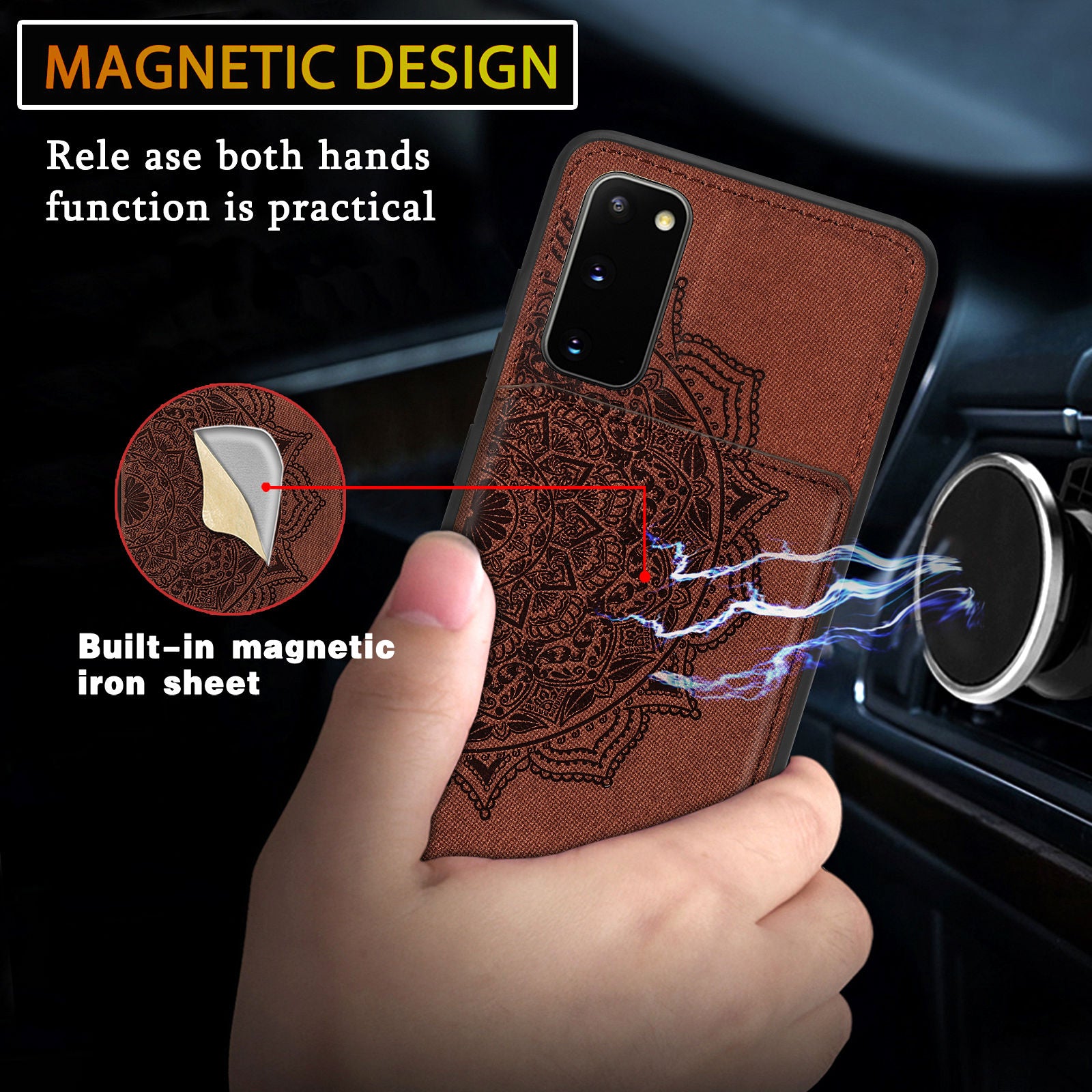 Magnetic Auto-absorbed Kickstand Leather Coated Phone Case Cover with Imprinted Mandala Flower for Samsung Galaxy S20 4G/S20 5G - Brown