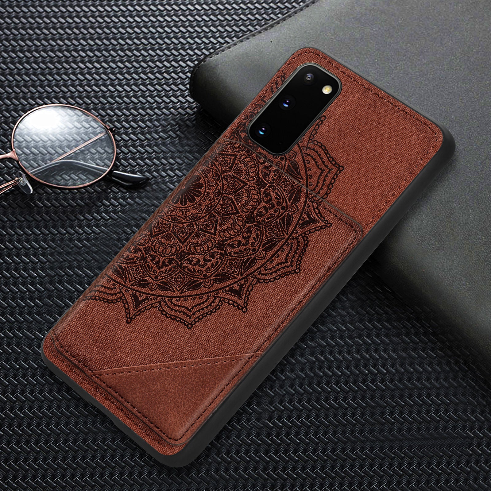 Magnetic Auto-absorbed Kickstand Leather Coated Phone Case Cover with Imprinted Mandala Flower for Samsung Galaxy S20 4G/S20 5G - Brown