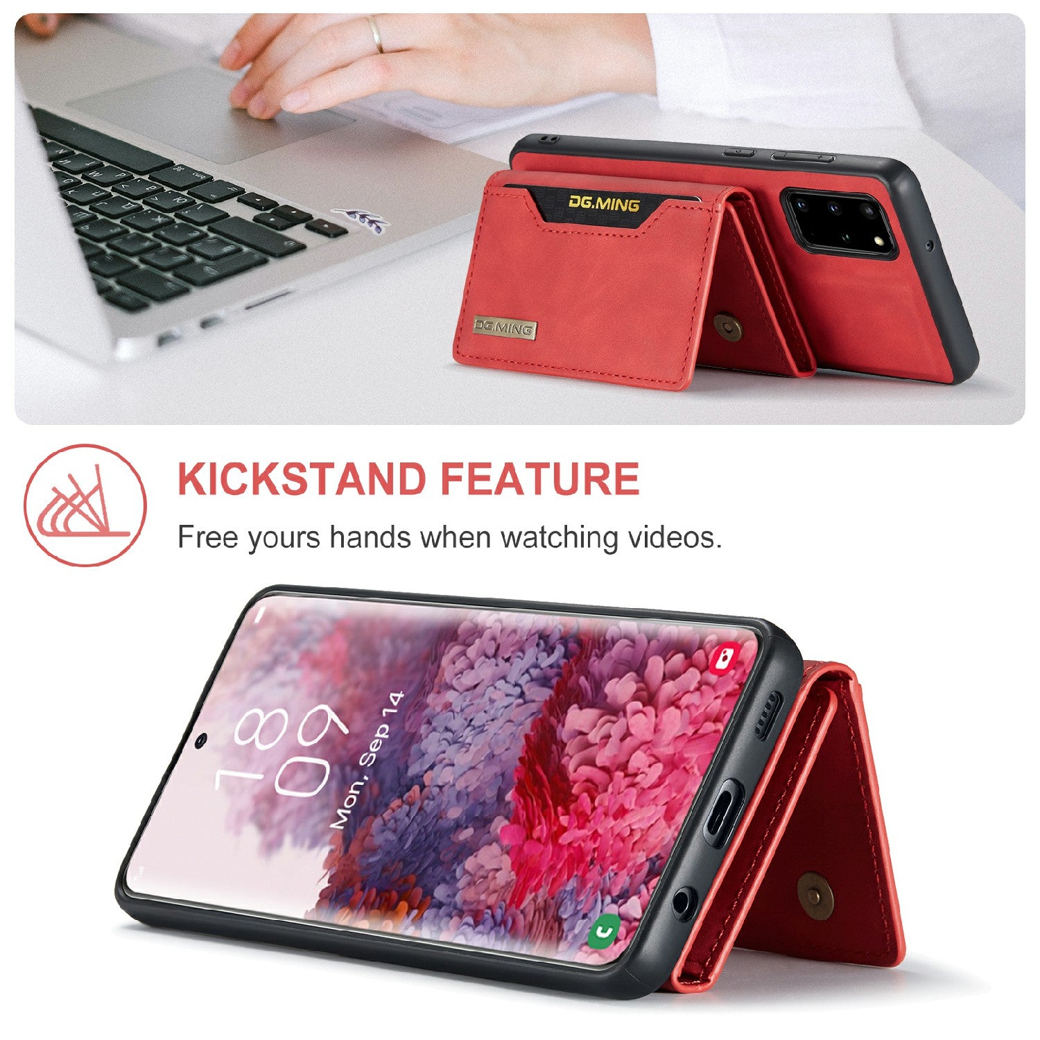 DG.MING M2 Series Anti-drop Magnetic Wallet Design with Kickstand  Leather Coated Hybrid Case for Samsung Galaxy S20 Plus - Red