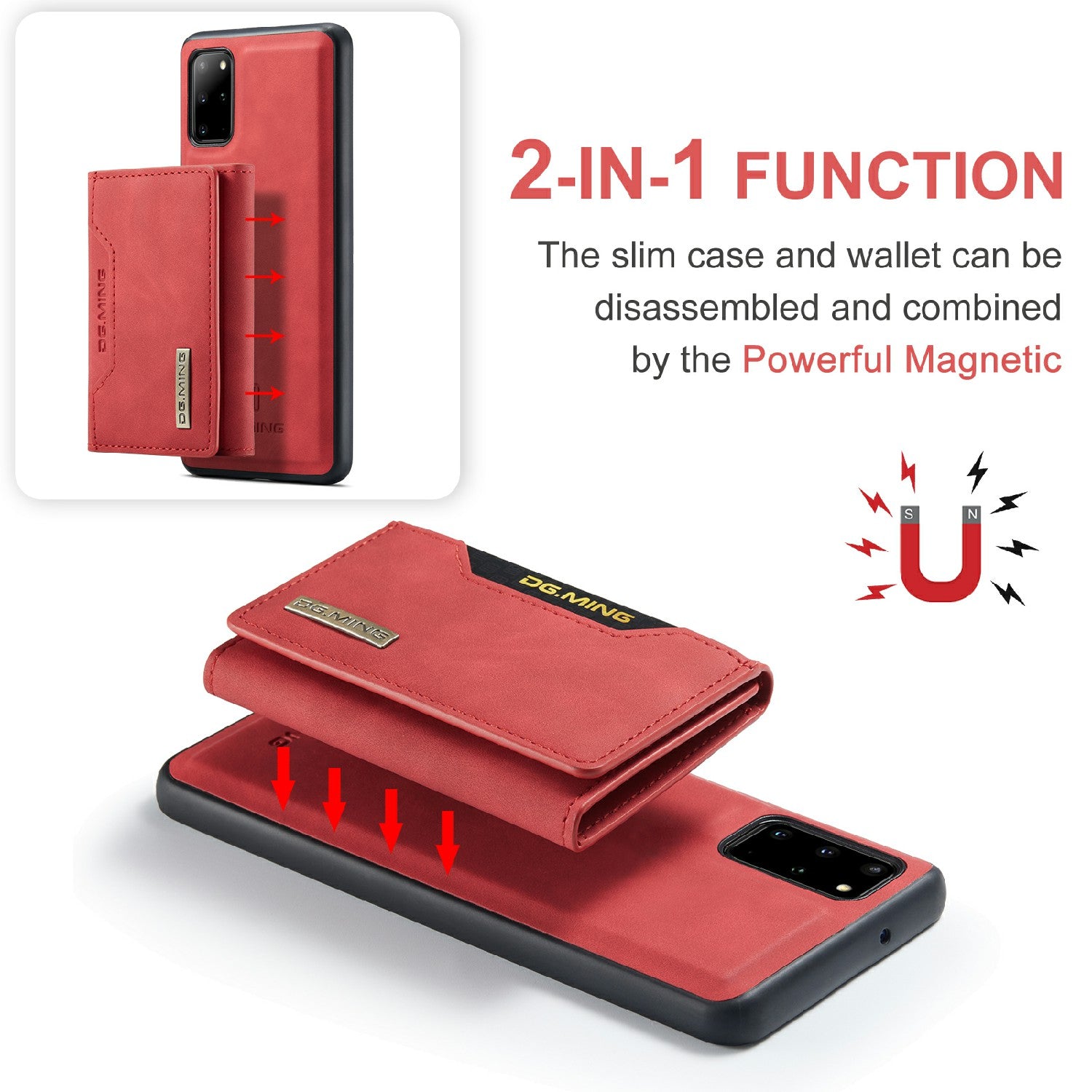 DG.MING M2 Series Anti-drop Magnetic Wallet Design with Kickstand  Leather Coated Hybrid Case for Samsung Galaxy S20 Plus - Red