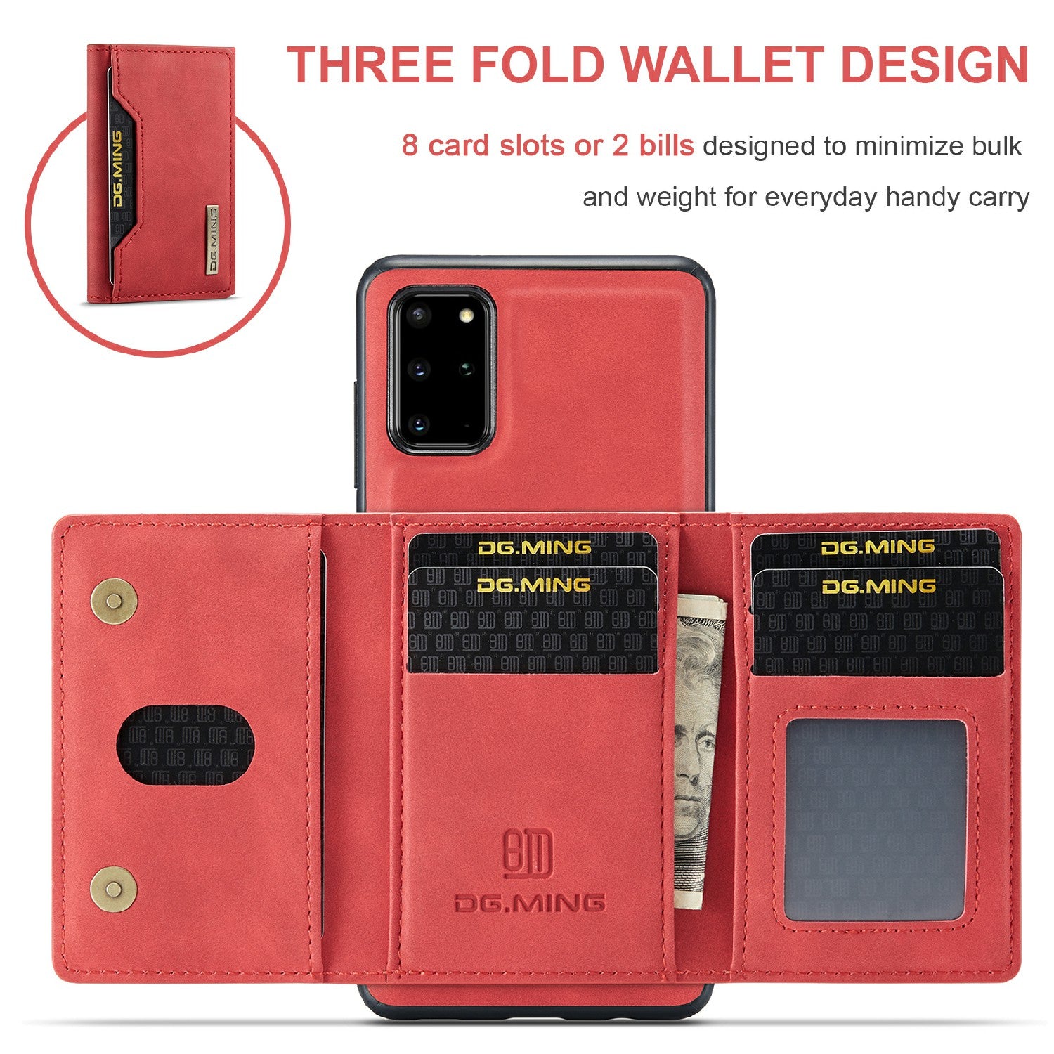 DG.MING M2 Series Anti-drop Magnetic Wallet Design with Kickstand  Leather Coated Hybrid Case for Samsung Galaxy S20 Plus - Red