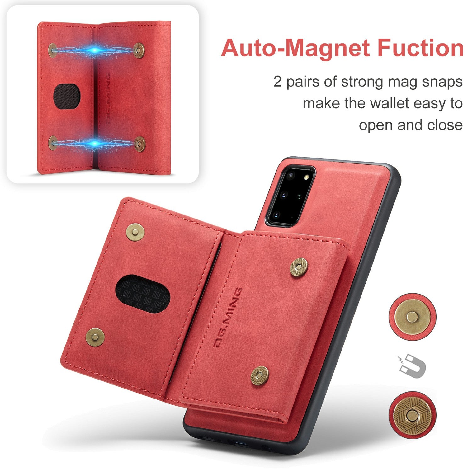 DG.MING M2 Series Anti-drop Magnetic Wallet Design with Kickstand  Leather Coated Hybrid Case for Samsung Galaxy S20 Plus - Red