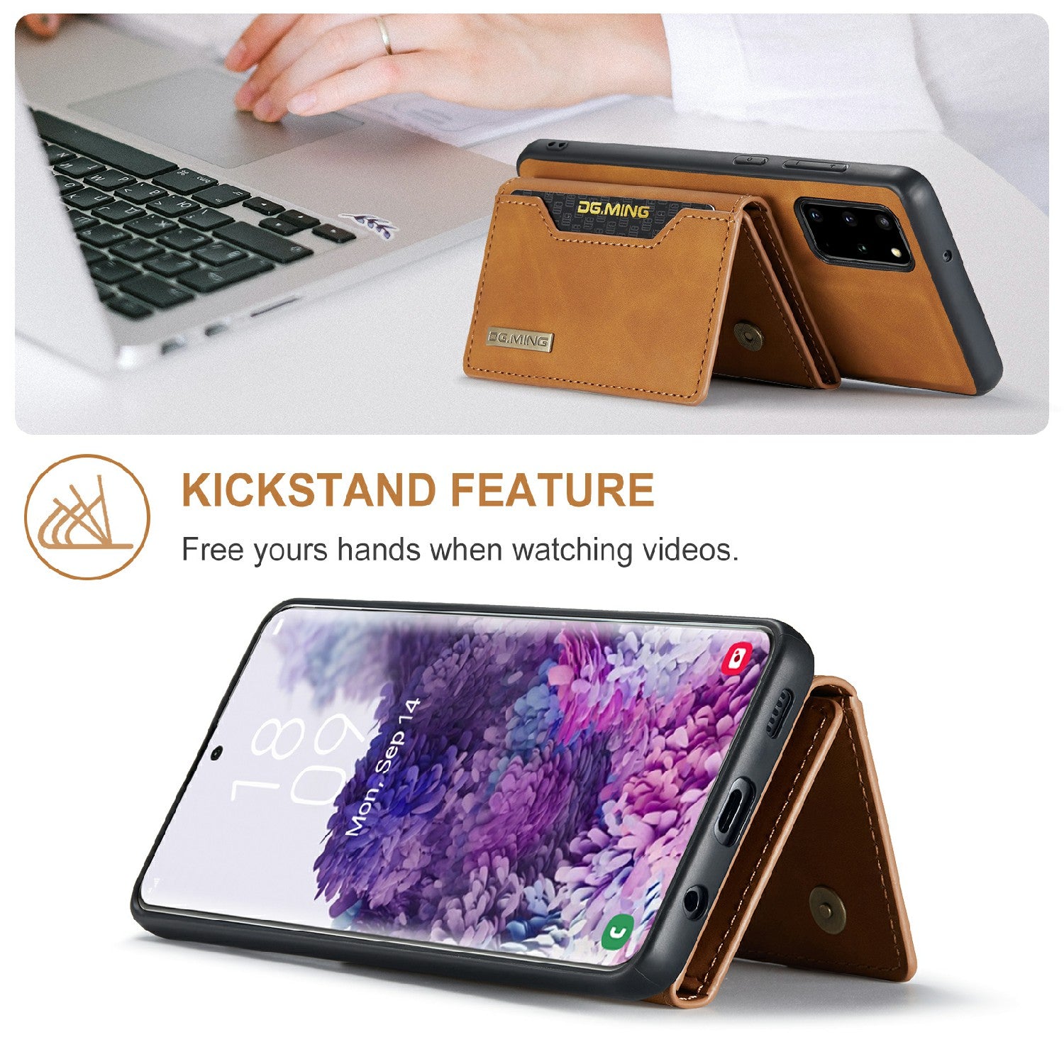 DG.MING M2 Series Anti-drop Magnetic Wallet Design with Kickstand  Leather Coated Hybrid Case for Samsung Galaxy S20 Plus - Brown